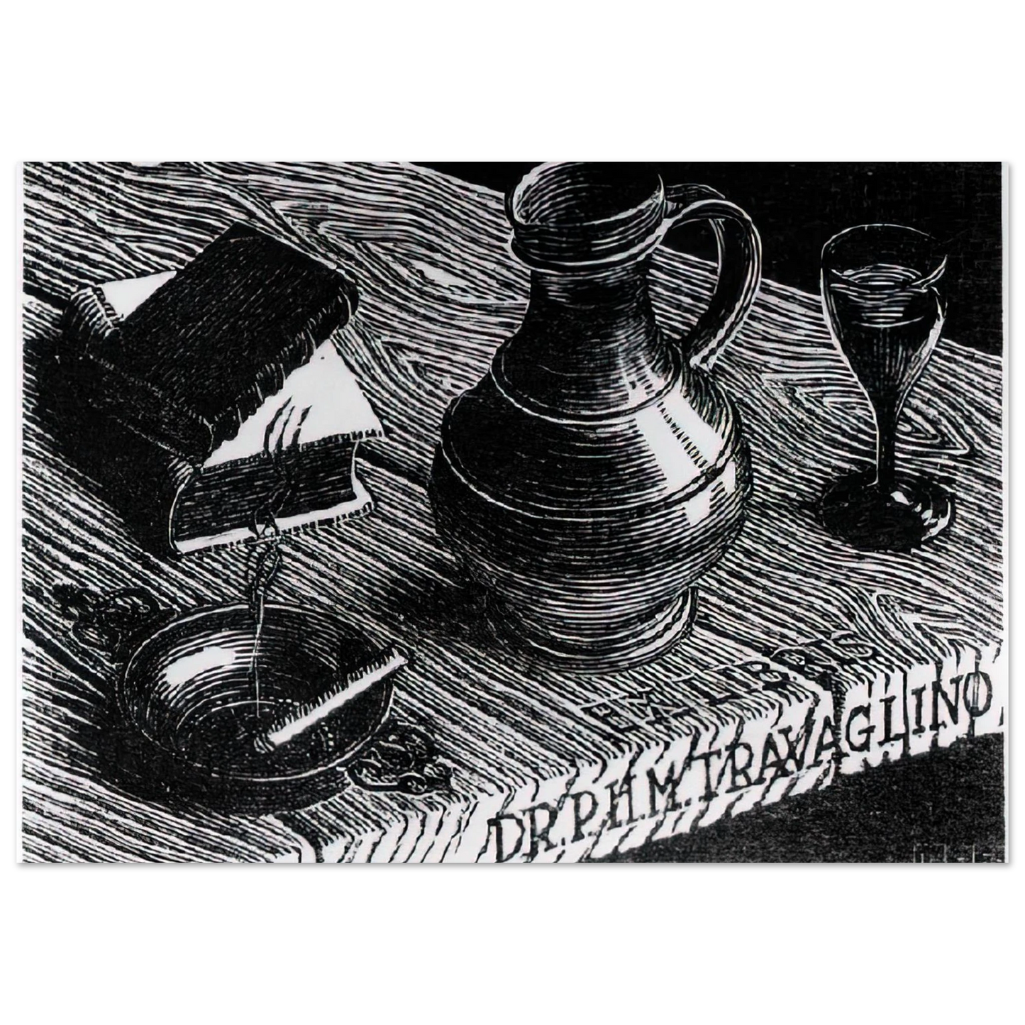 MC Escher - BOOKPLATE DR P H M TRAVAGLINO Wall Art - 21x29.7 cm / 8x12" - Premium Wooden Framed Poster With Fine Art Paper - White frame
