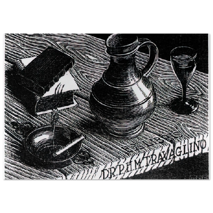 MC Escher - BOOKPLATE DR P H M TRAVAGLINO Wall Art - 21x29.7 cm / 8x12" - Premium Wooden Framed Poster With Fine Art Paper-canvas - White frame