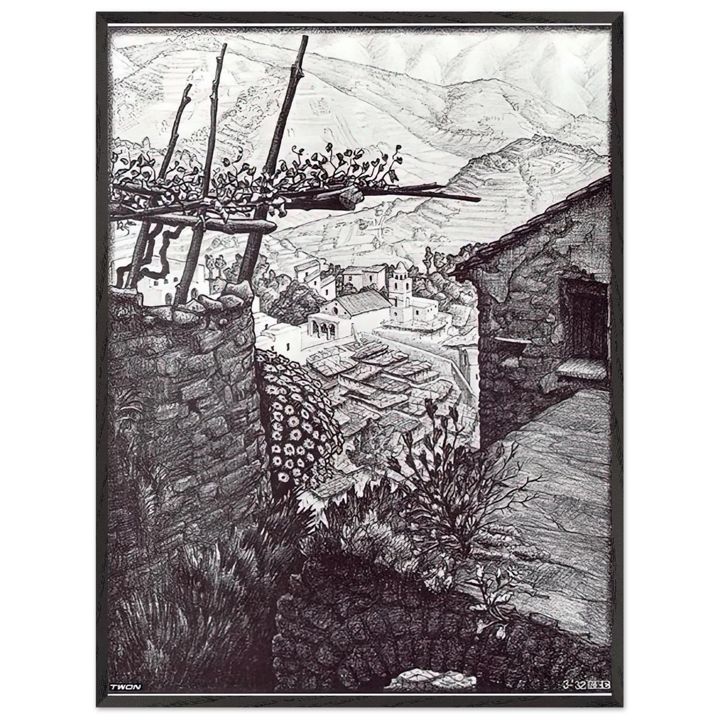 MC Escher - THE HAMLET OF TURELLO SOUTHERN ITALY Wall Art - 21x29.7 cm / 8x12" - Premium Wooden Framed Poster With Fine Art Paper - Black frame