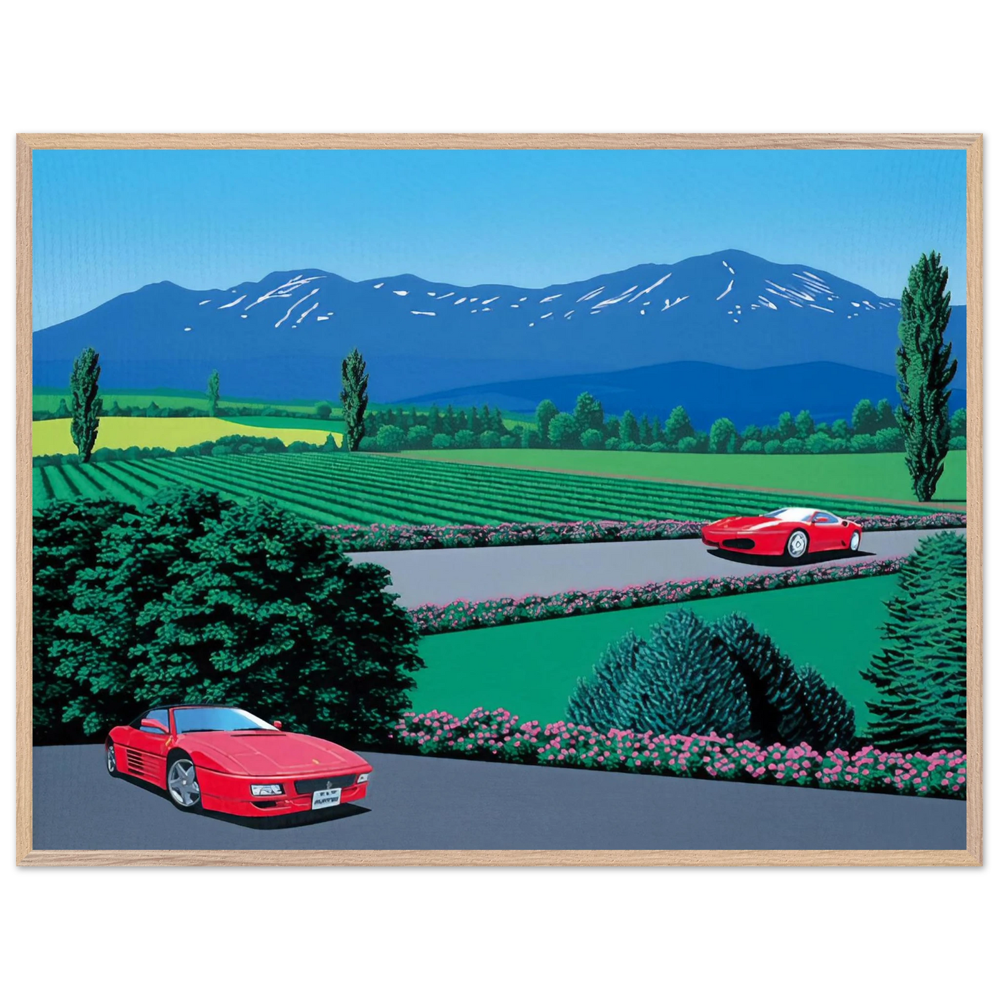 Hiroshi Nagai - Ferraris traversing the lands Wall Art - 60x80 cm / 24x32 inches - Premium Wooden Framed Poster With Fine Art Paper - Black frame