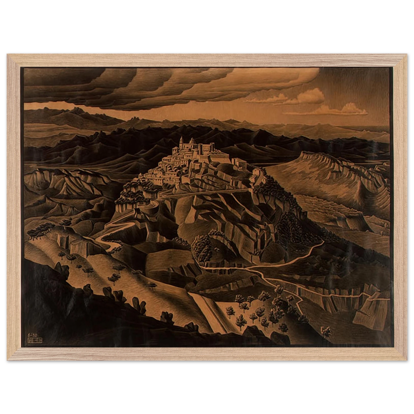 MC Escher - ITALIAN TOWN Wall Art - 21x29.7 cm / 8x12" - Premium Wooden Framed Poster With Fine Art Paper - Wood frame