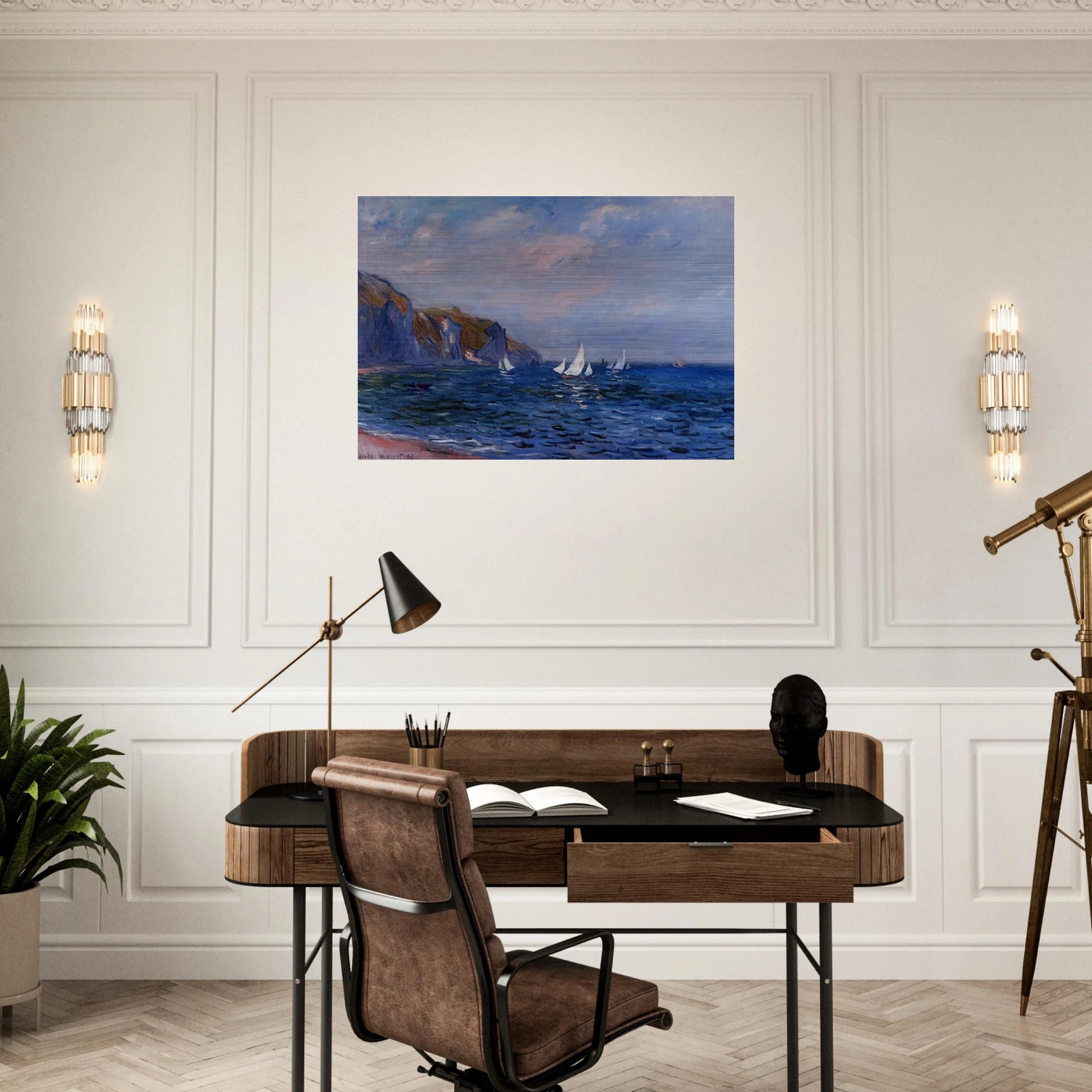 Cliffs and Sailboats at Pourville - claude monet Brushed Aluminum Print - 70x100 cm / 28x40 inches | claude monet Aluminum Print | claude monet Prints