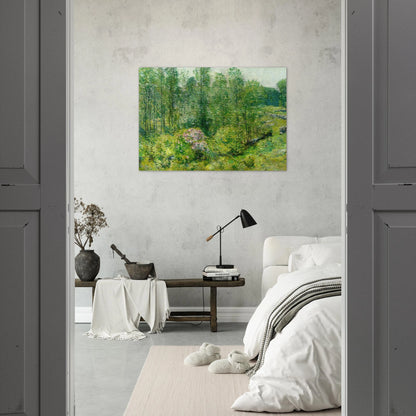 Spring Landscape with a Farmer and White Horse - Childe Hassam Brushed Aluminum Print - 70x100 cm / 28x40 inches | Childe Hassam Aluminum Print | Childe Hassam Prints