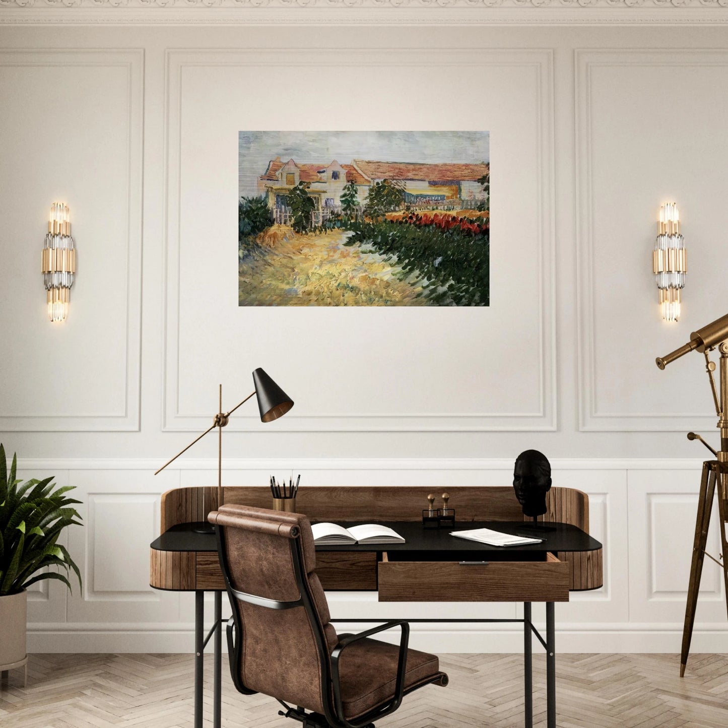 House with sunflowers - Vincent van Gogh Brushed Aluminum Print - 70x100 cm / 28x40 inches | Vincent van Gogh Aluminum Print | Vincent van Gogh Prints