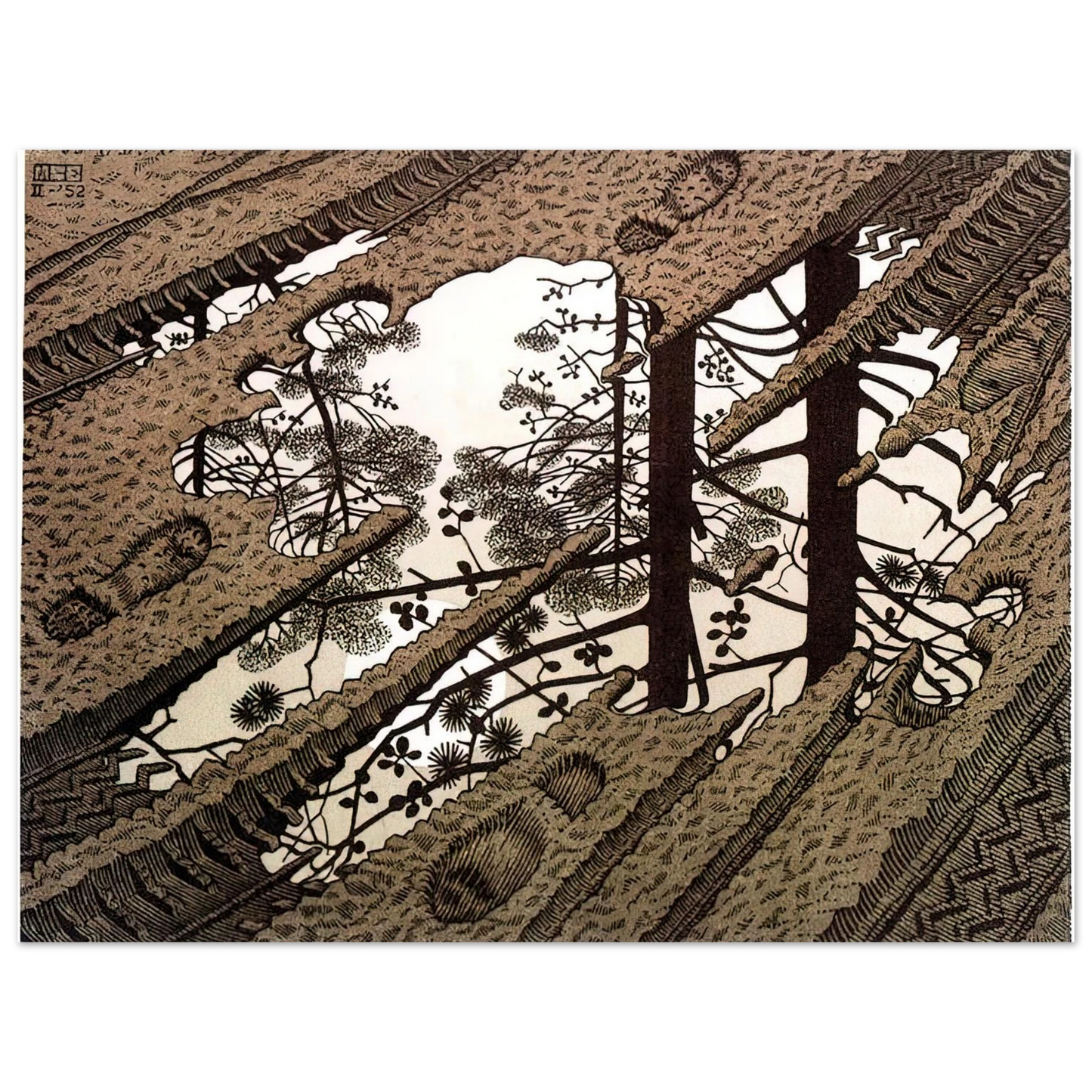 MC Escher - PUDDLE Wall Art - 21x29.7 cm / 8x12" - Premium Wooden Framed Poster With Fine Art Paper - Wood frame