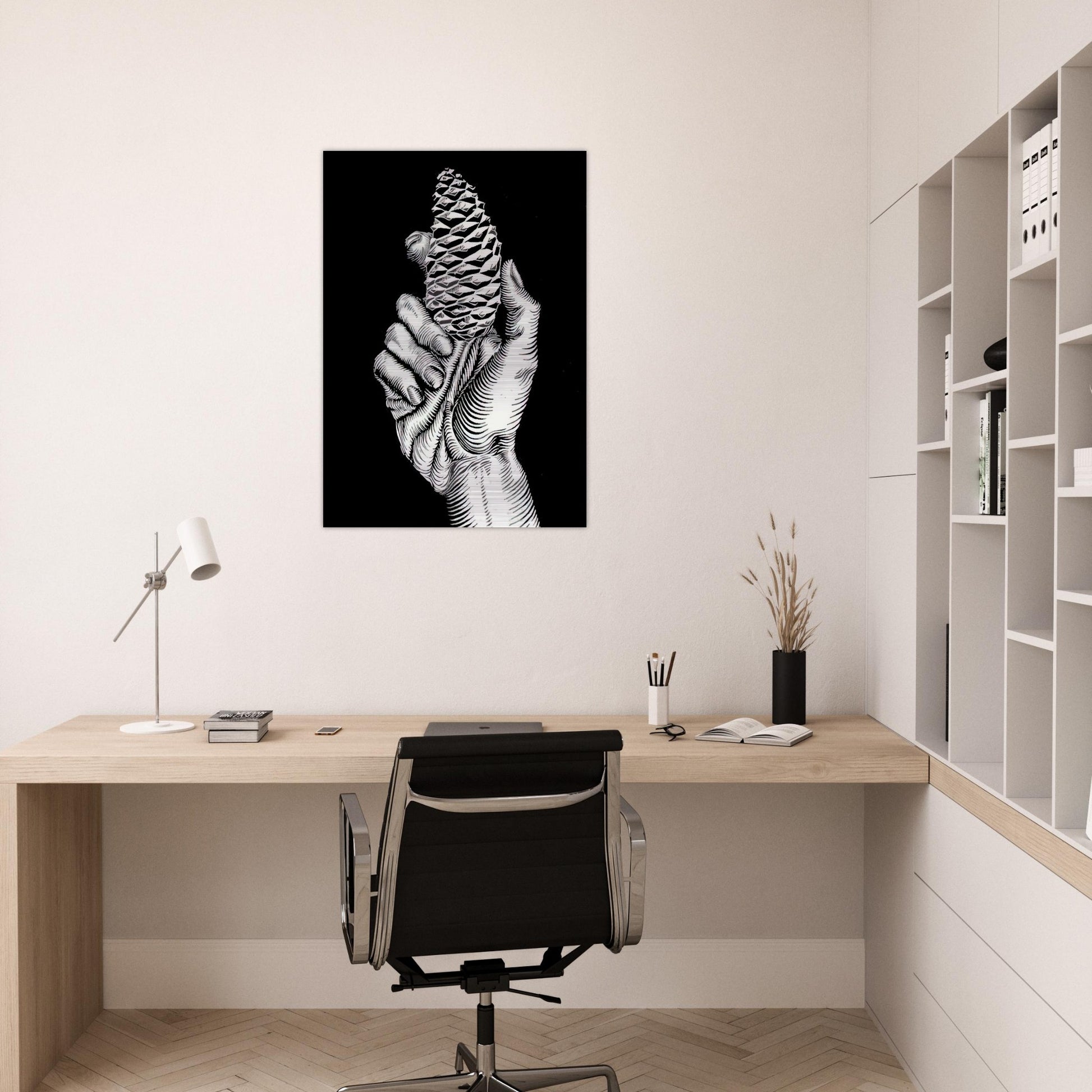 HAND WITH FIR CONE - MC Escher Brushed Aluminum Print - 70x100 cm / 28x40 inches | MC Escher Aluminum Print | MC Escher Prints