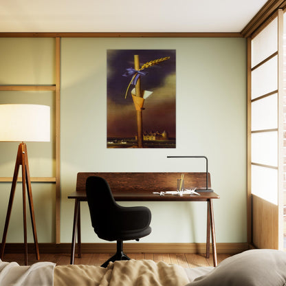 BLUE KNOT AND EAR OF WHEAT NEXT TO THE CASTLE - Salvador Dali Brushed Aluminum Print - 70x100 cm / 28x40 inches | Salvador Dali Aluminum Print | Salvador Dali Prints