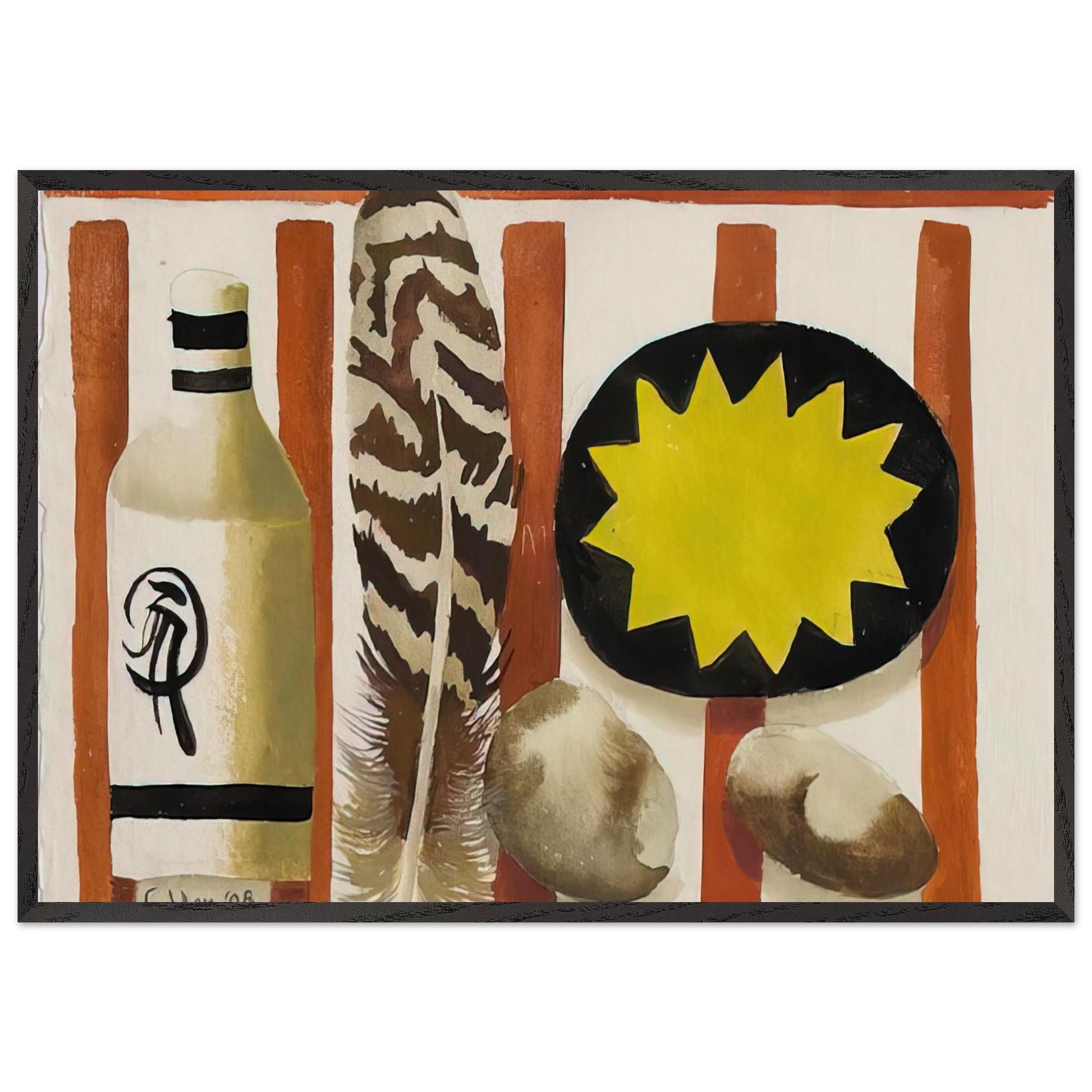 Feather and two stones - 2008 - Mary Fedden Framed Art Print – Black Wooden Frame - Default Title - -Framed Art Print