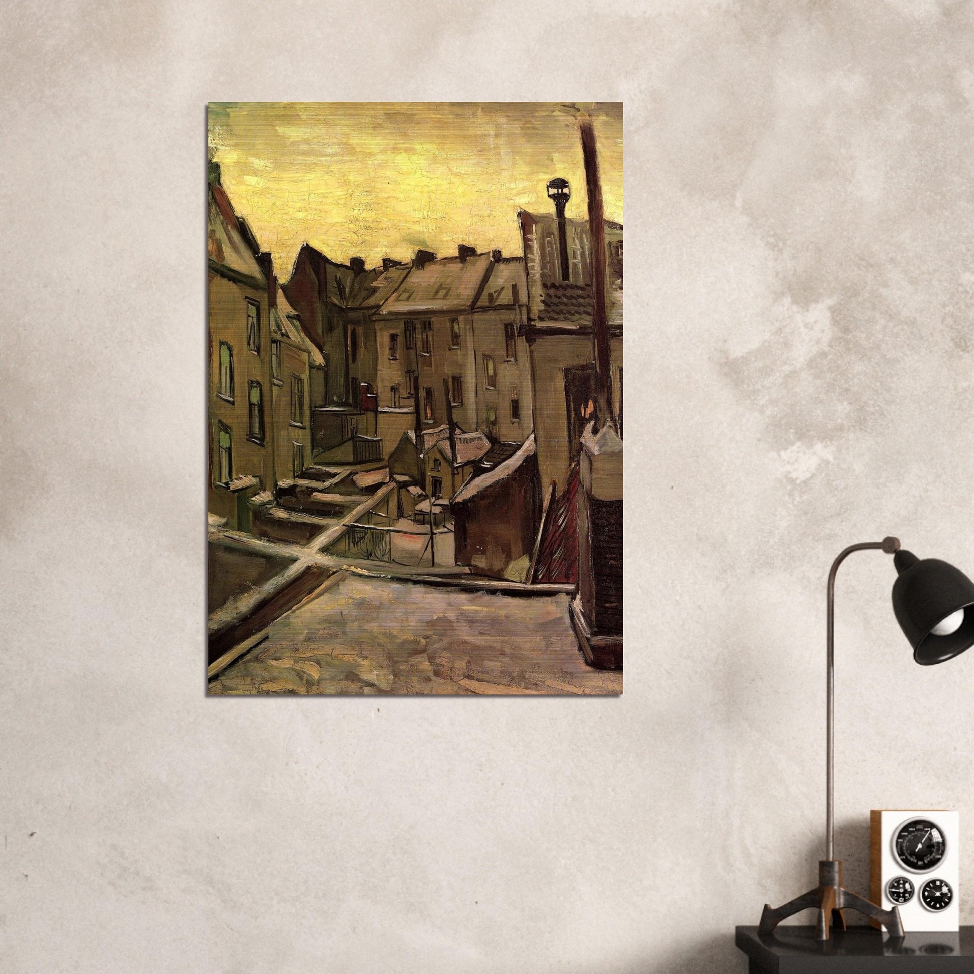 Backyards of Old Houses in Antwerp in the Snow - Vincent van Gogh Brushed Aluminum Print - 70x100 cm / 28x40 inches | Vincent van Gogh Aluminum Print | Vincent van Gogh Prints