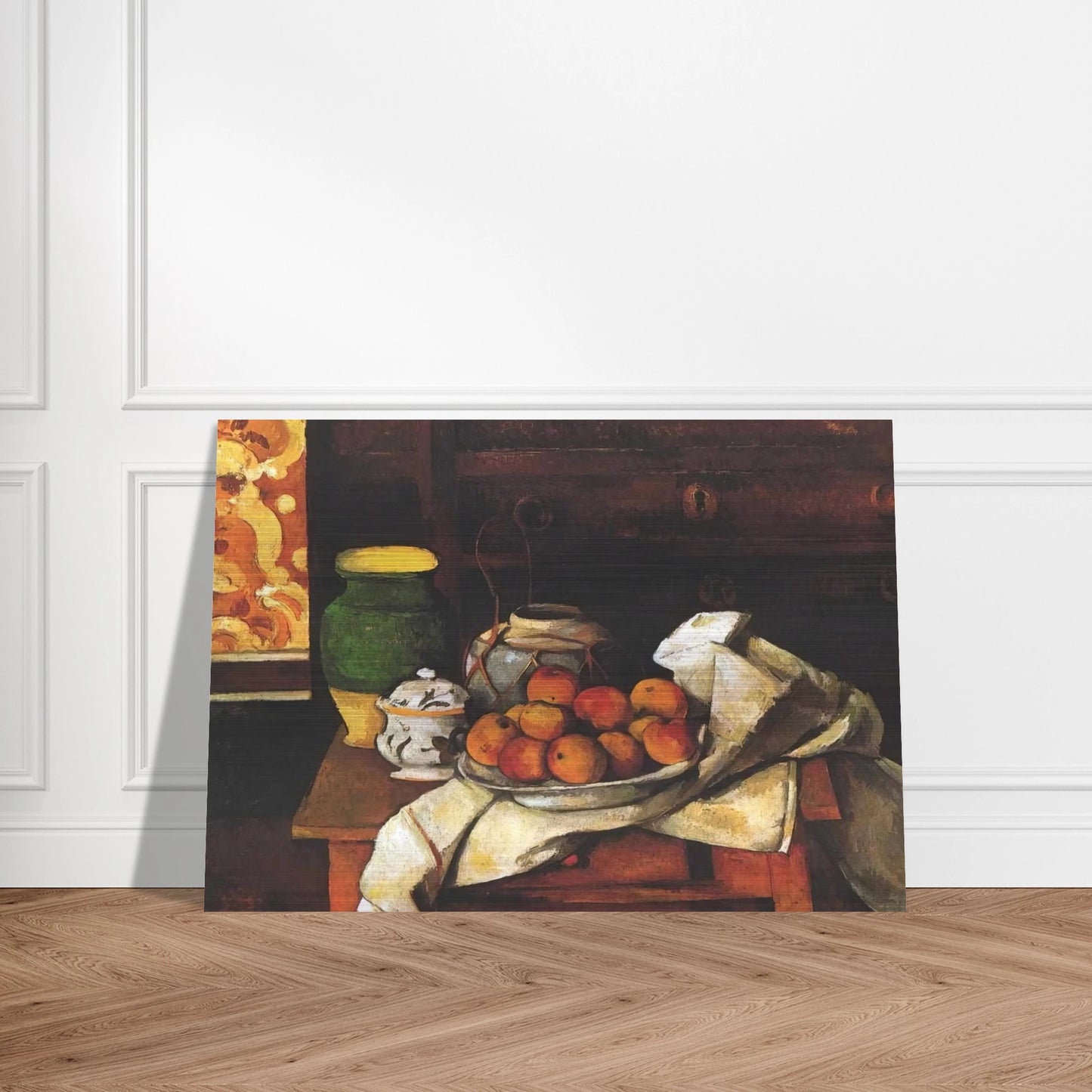 Still life in front of a chest of drawers - Paul Cézanne Brushed Aluminum Print - 70x100 cm / 28x40 inches | Paul Cézanne Aluminum Print | Paul Cézanne Prints