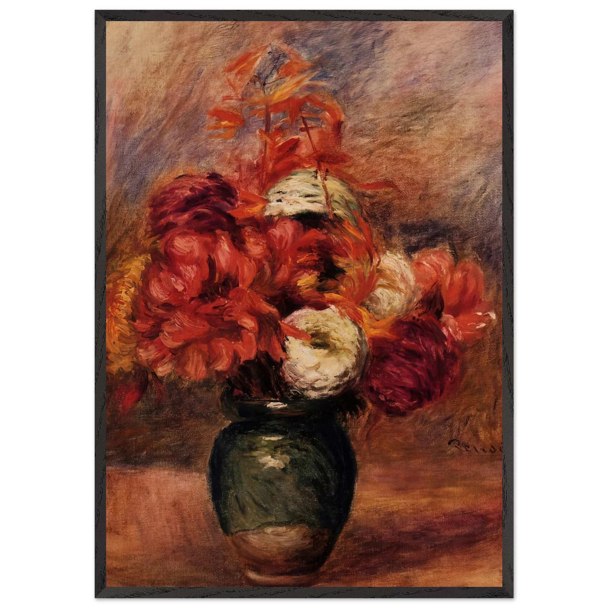 Flowers in a Green Vase Dahlilas and Asters - Pierre-Auguste Renoir Framed Art Print – Black Wooden Frame - Default Title - -Framed Art Print