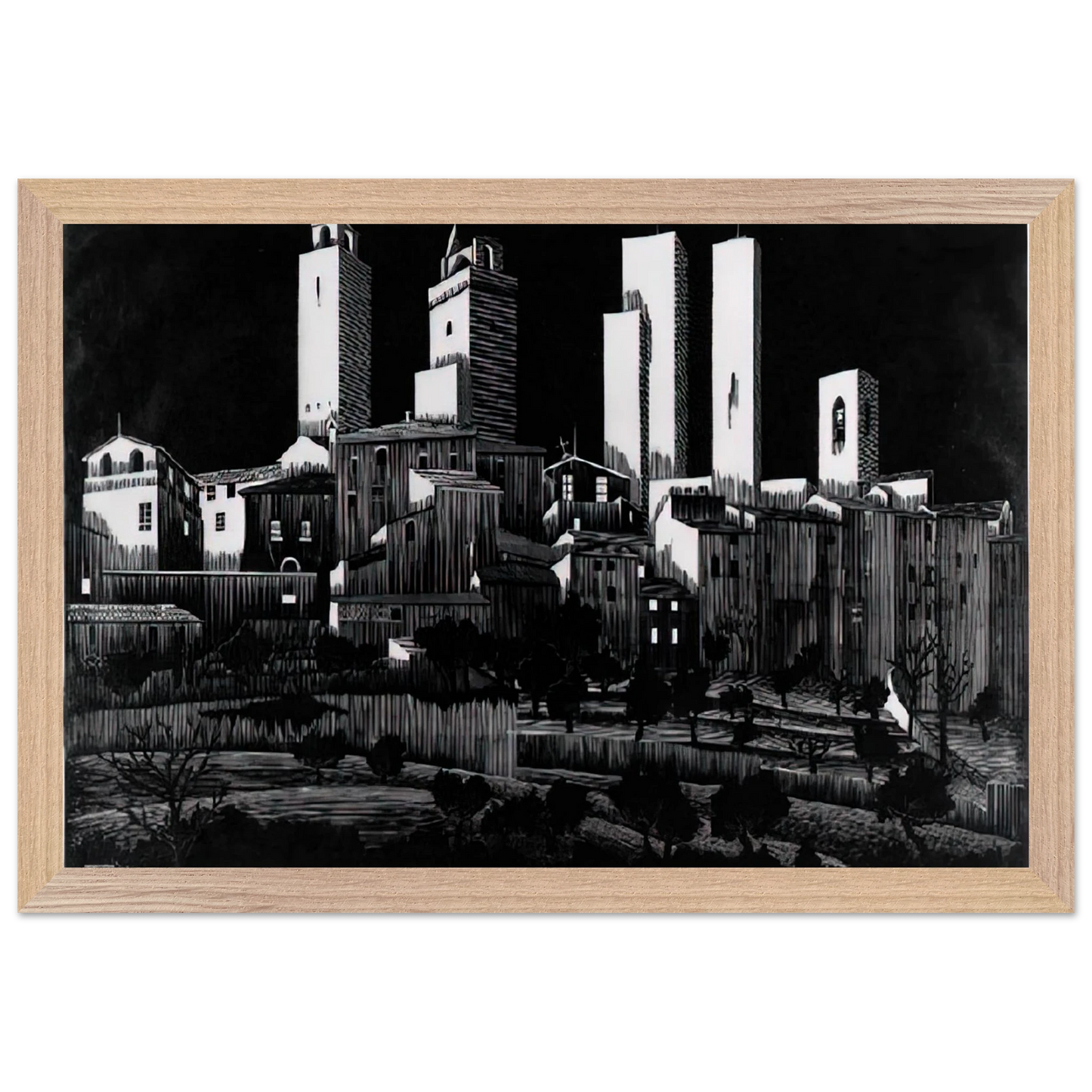 MC Escher - SAN GIMIGNANO Wall Art - 60x80 cm / 24x32 inches - Premium Wooden Framed Poster With Fine Art Paper - Wood frame