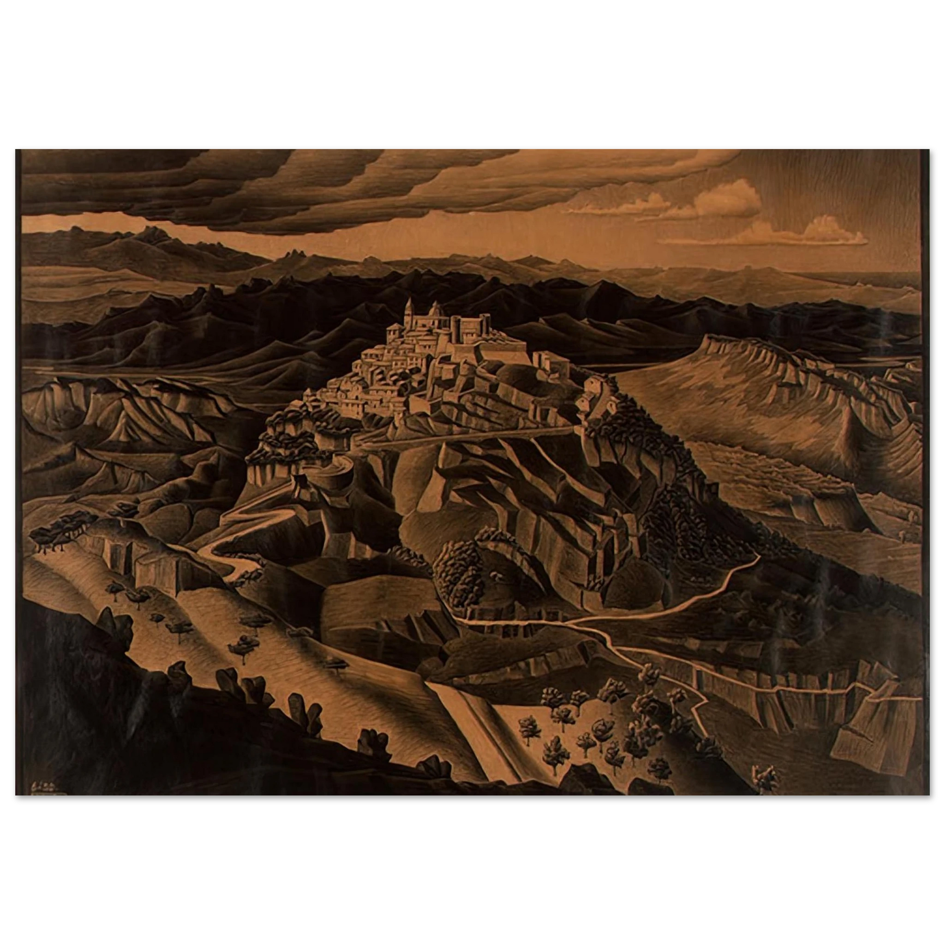 MC Escher - ITALIAN TOWN Wall Art - 21x29.7 cm / 8x12" - Premium Wooden Framed Poster With Fine Art Paper - White frame
