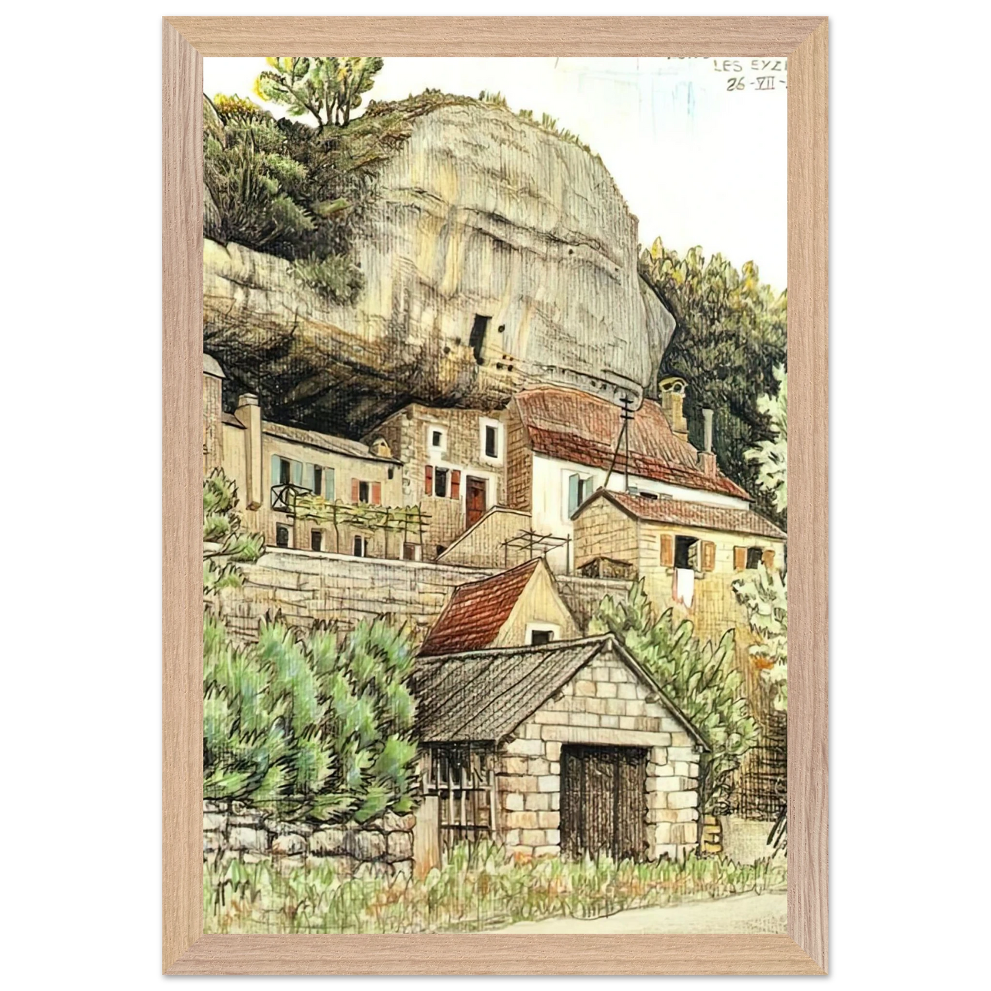 MC Escher - LES EYZIES FRANCE Wall Art - 21x29.7 cm / 8x12" - Premium Wooden Framed Poster With Fine Art Paper - Wood frame
