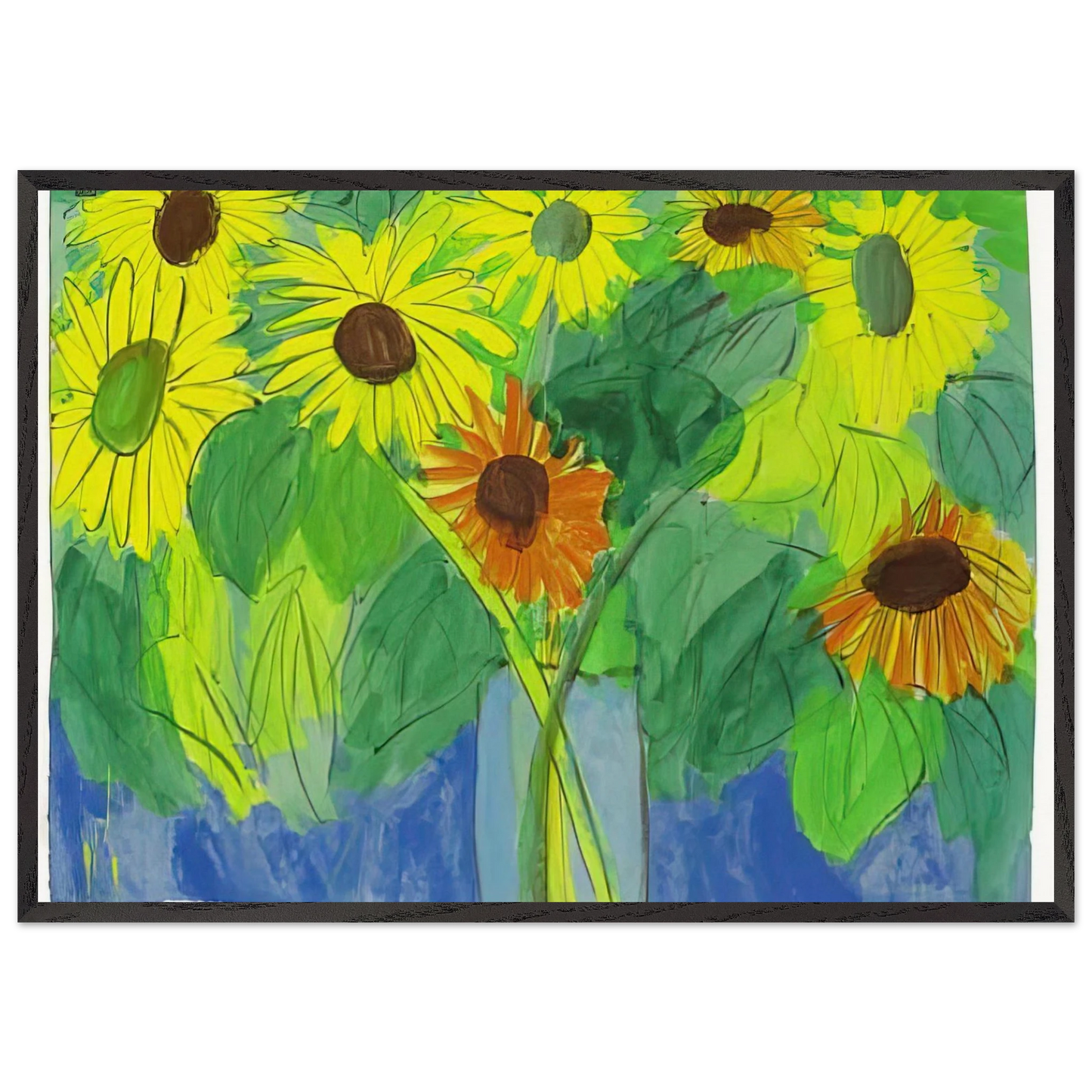 Orange and Yellow Sunflowers - Naive Art Primitivism Pop Art - Walasse Ting Framed Art Print – Black Wooden Frame - Default Title - -Framed Art Print