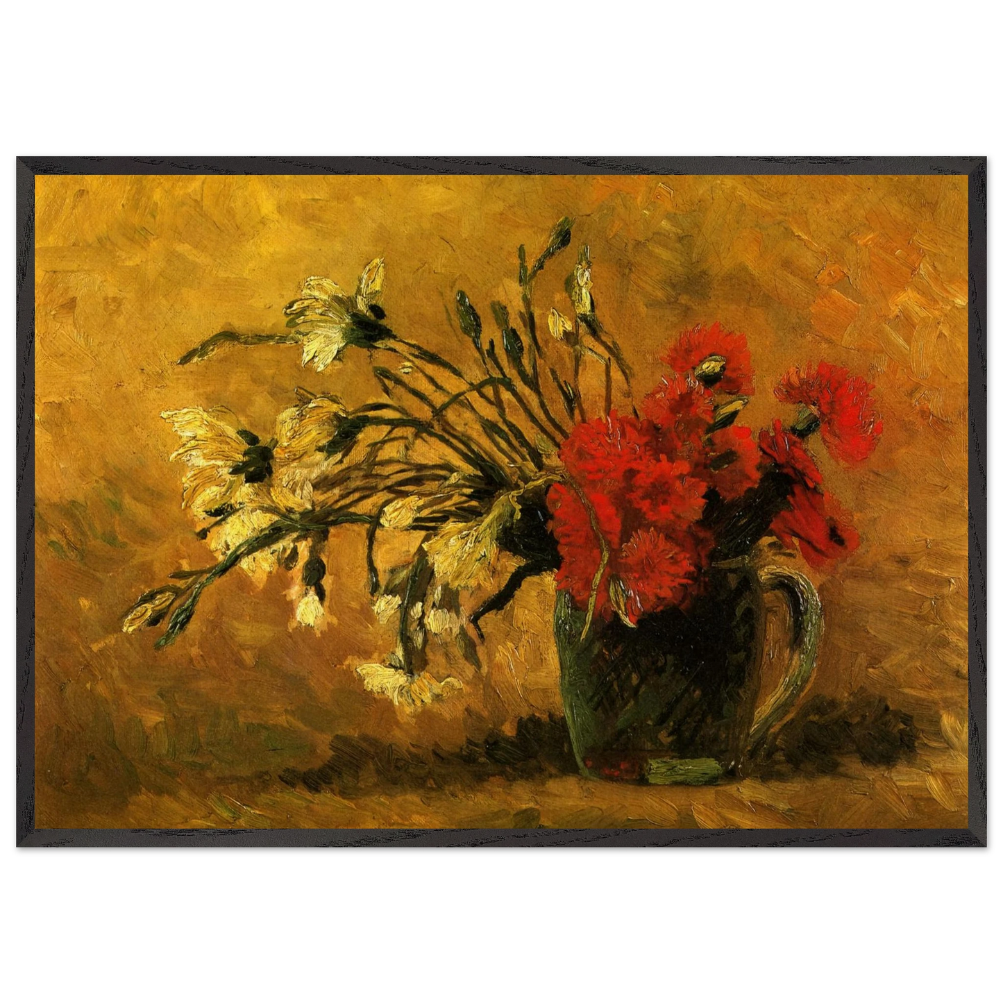 Vase with Red and White Carnations on a Yellow Background - Vincent van Gogh Framed Art Print – Black Wooden Frame - Default Title - -Framed Art Print