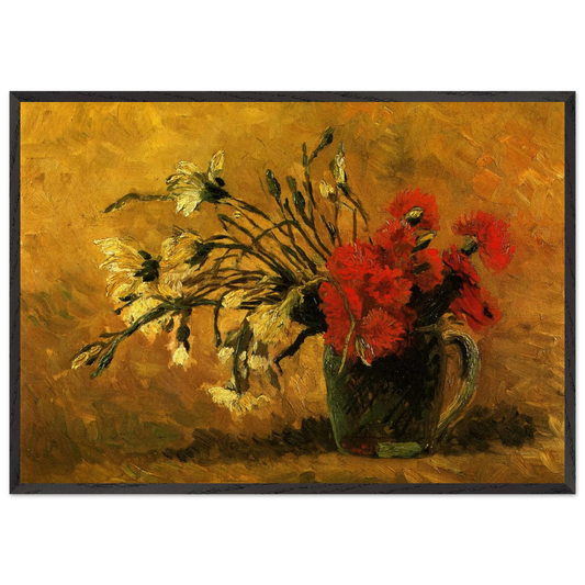 Vase with Red and White Carnations on a Yellow Background - Vincent van Gogh Framed Art Print – Black Wooden Frame - Default Title - -Framed Art Print