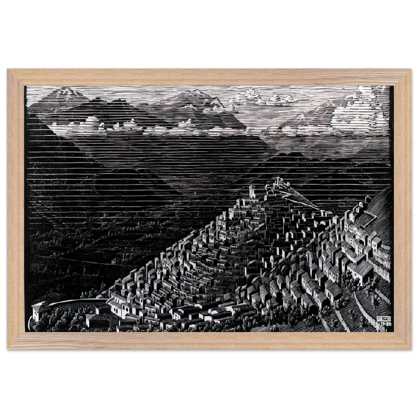 MC Escher - MORANO CALABRIA Wall Art - 60x80 cm / 24x32 inches - Premium Wooden Framed Poster With Fine Art Paper - Black frame