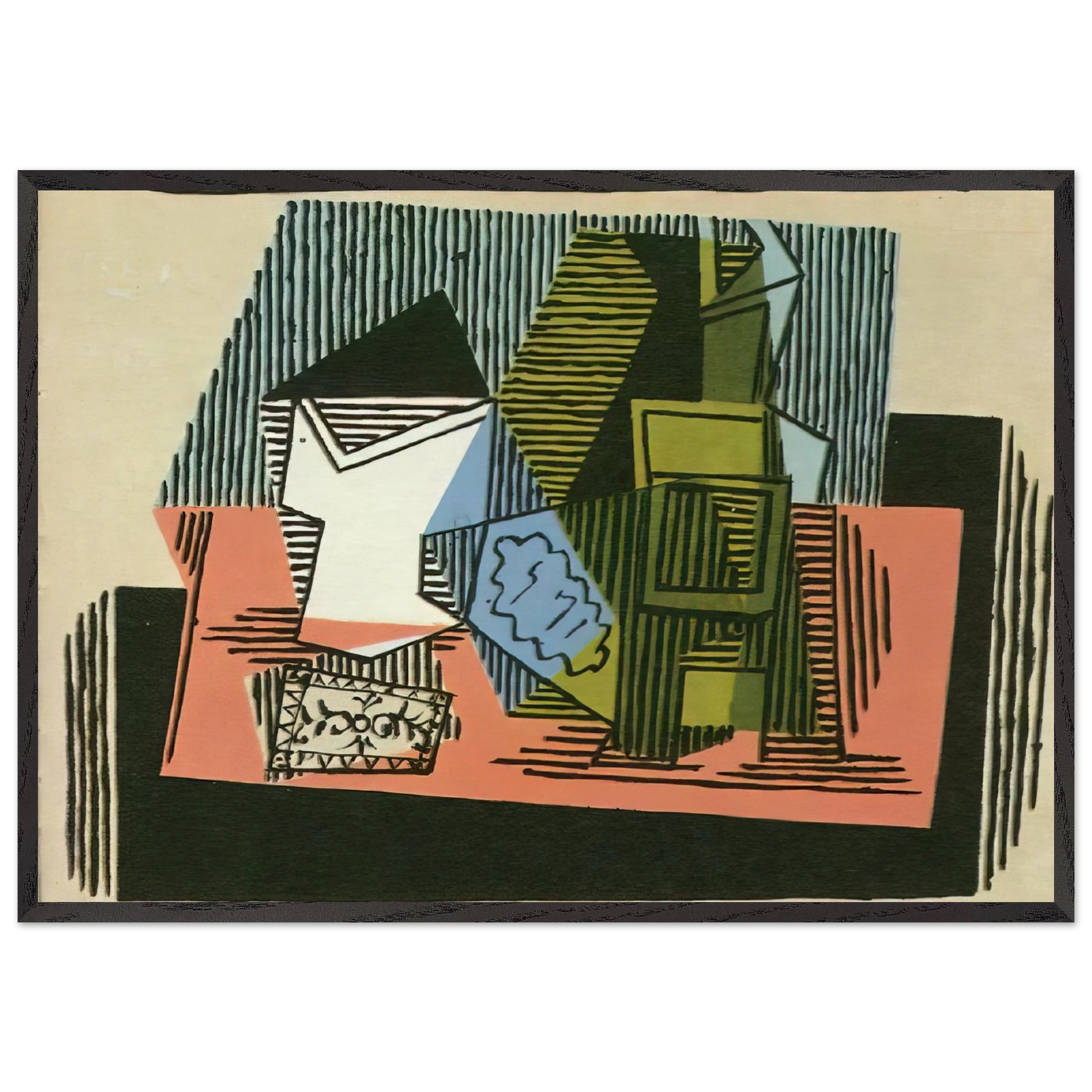 Glass bottle packet of tobacco - Pablo Picasso Framed Art Print – Black Wooden Frame - Default Title - -Framed Art Print