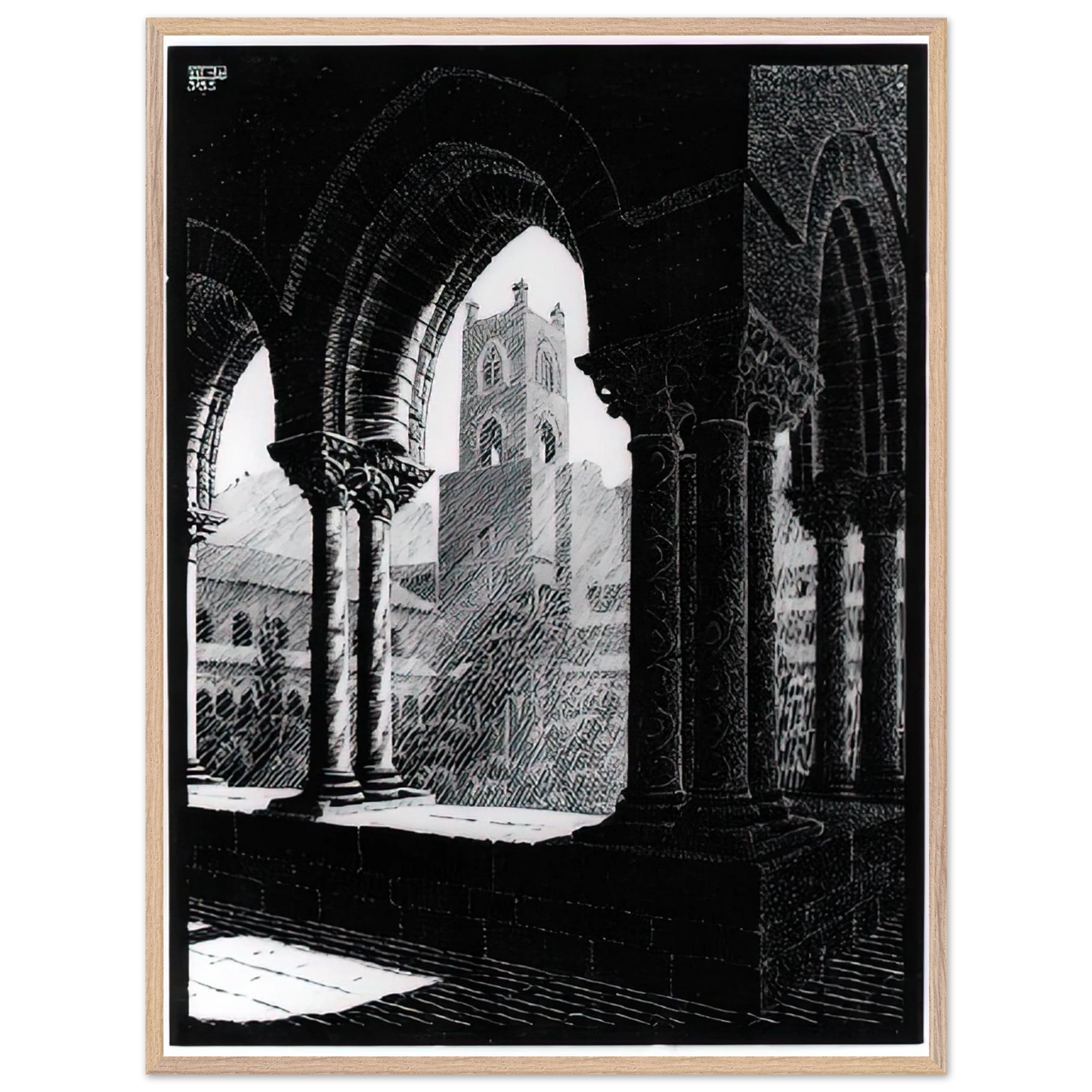 MC Escher - CLOISTER OF MONREALE SICILY Wall Art - 60x80 cm / 24x32 inches - Premium Wooden Framed Poster With Fine Art Paper - Wood frame