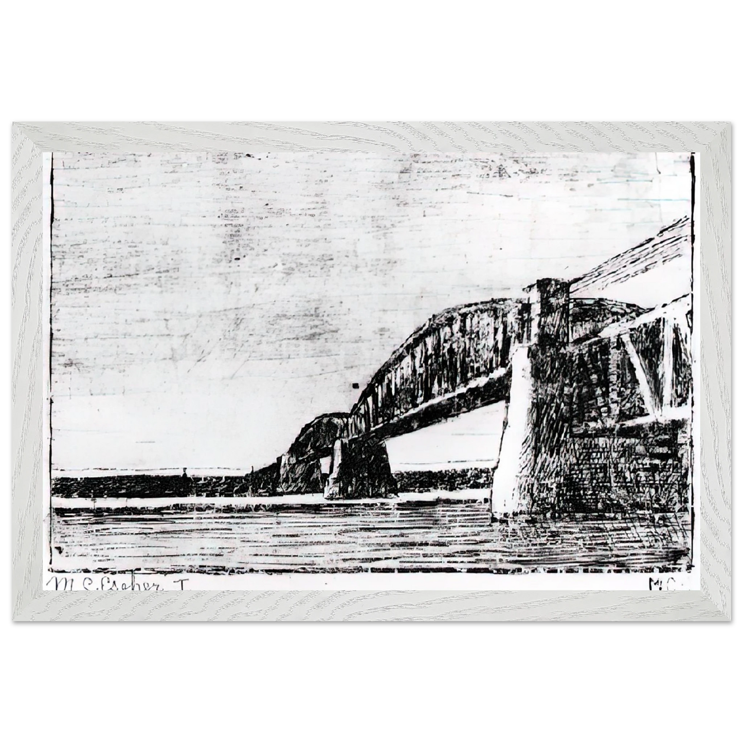 MC Escher - RAILWAY BRIDGE OOSTERBEEK Wall Art - 21x29.7 cm / 8x12" - Premium Wooden Framed Poster With Fine Art Paper - White frame