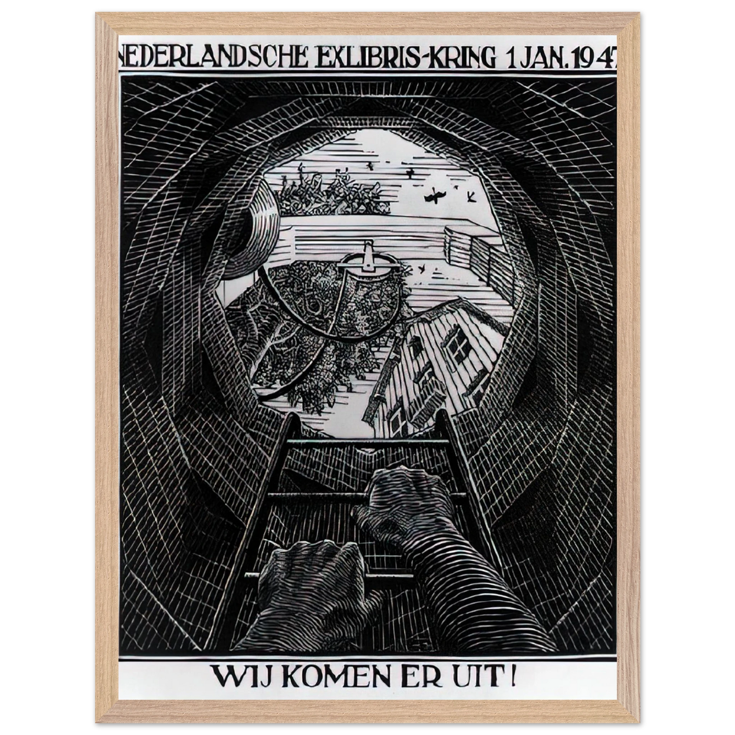 MC Escher - NEW YEAR S GREETING CARD Wall Art - 60x80 cm / 24x32 inches - Premium Wooden Framed Poster With Fine Art Paper - Black frame