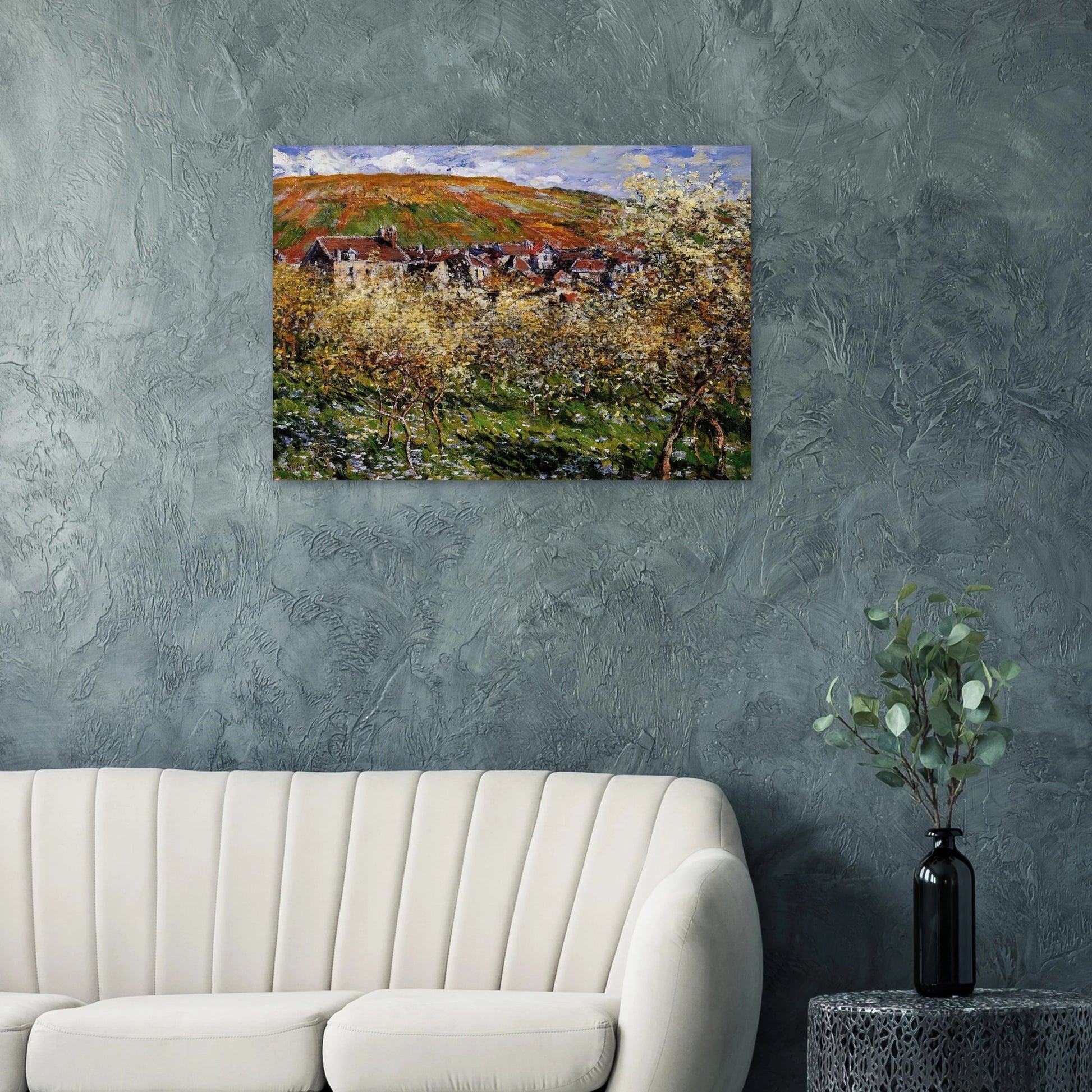 Plum Trees in Blossom at Vetheuil - claude monet Brushed Aluminum Print - 70x100 cm / 28x40 inches | claude monet Aluminum Print | claude monet Prints