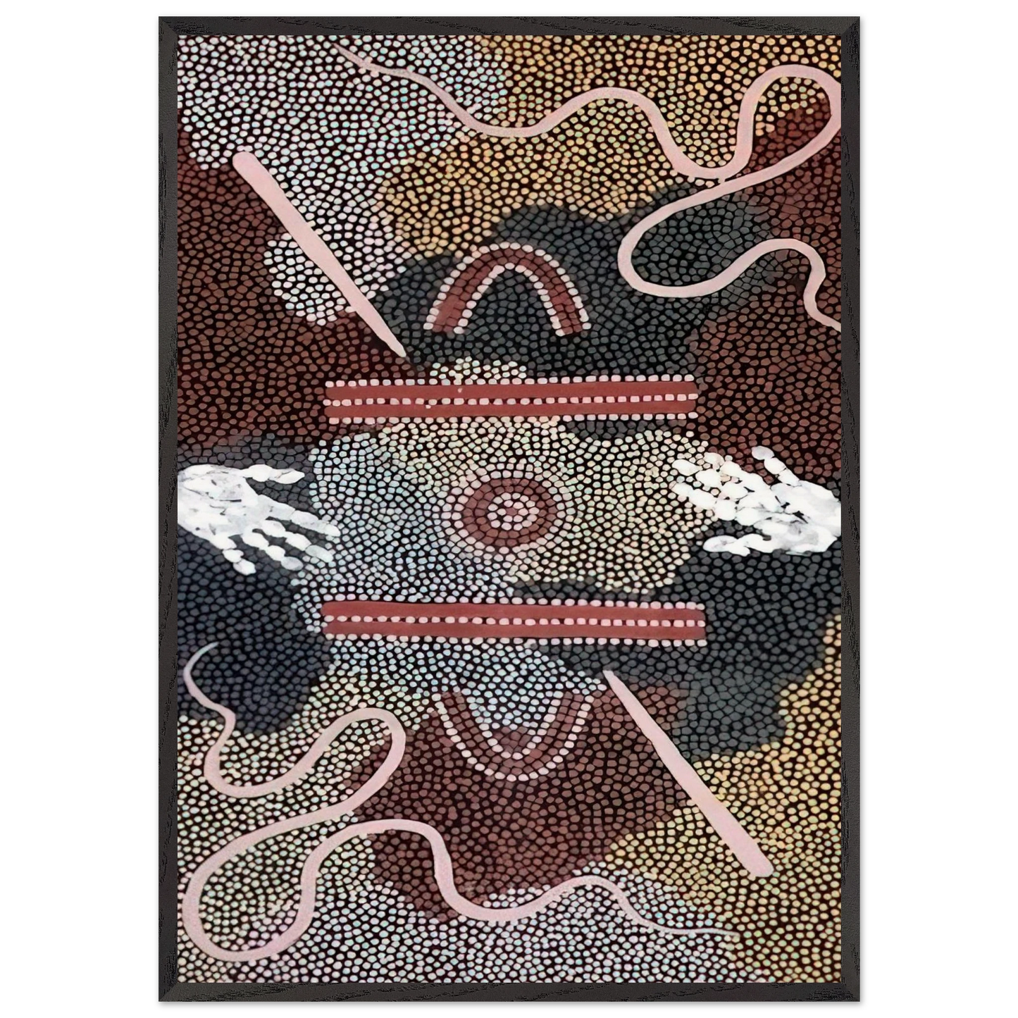 Initiation Ceremony - 1998 - Clifford Possum Tjapaltjarri Framed Art Print – Black Wooden Frame - Default Title - -Framed Art Print