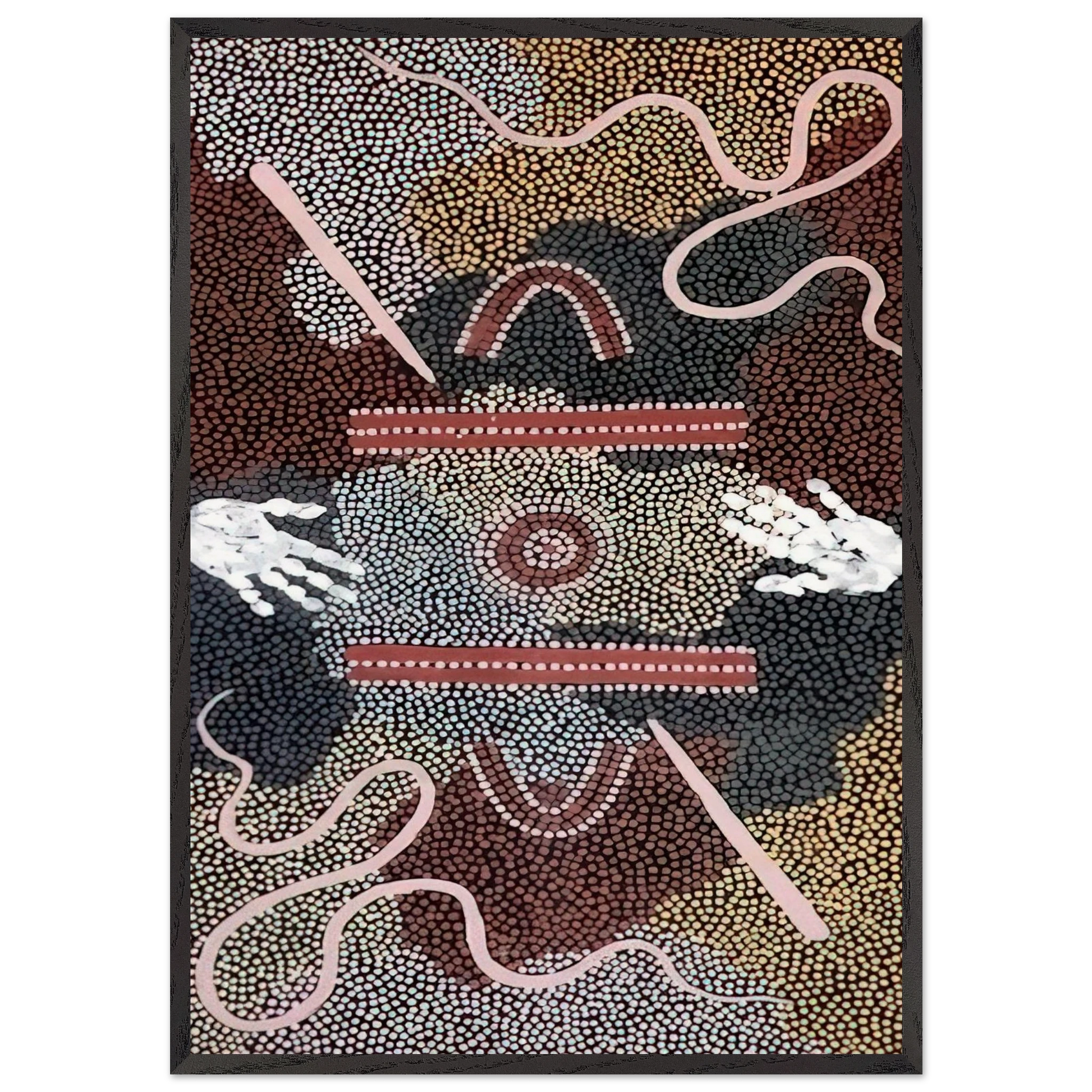 Initiation Ceremony - 1998 - Clifford Possum Tjapaltjarri Framed Art Print – Black Wooden Frame - Default Title - -Framed Art Print