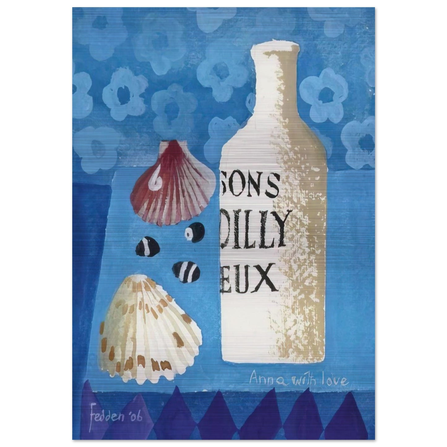 Still life with bottle and shells - 2006 - Mary Fedden Brushed Aluminum Print - 70x100 cm / 28x40 inches | Mary Fedden Aluminum Print | Mary Fedden Prints