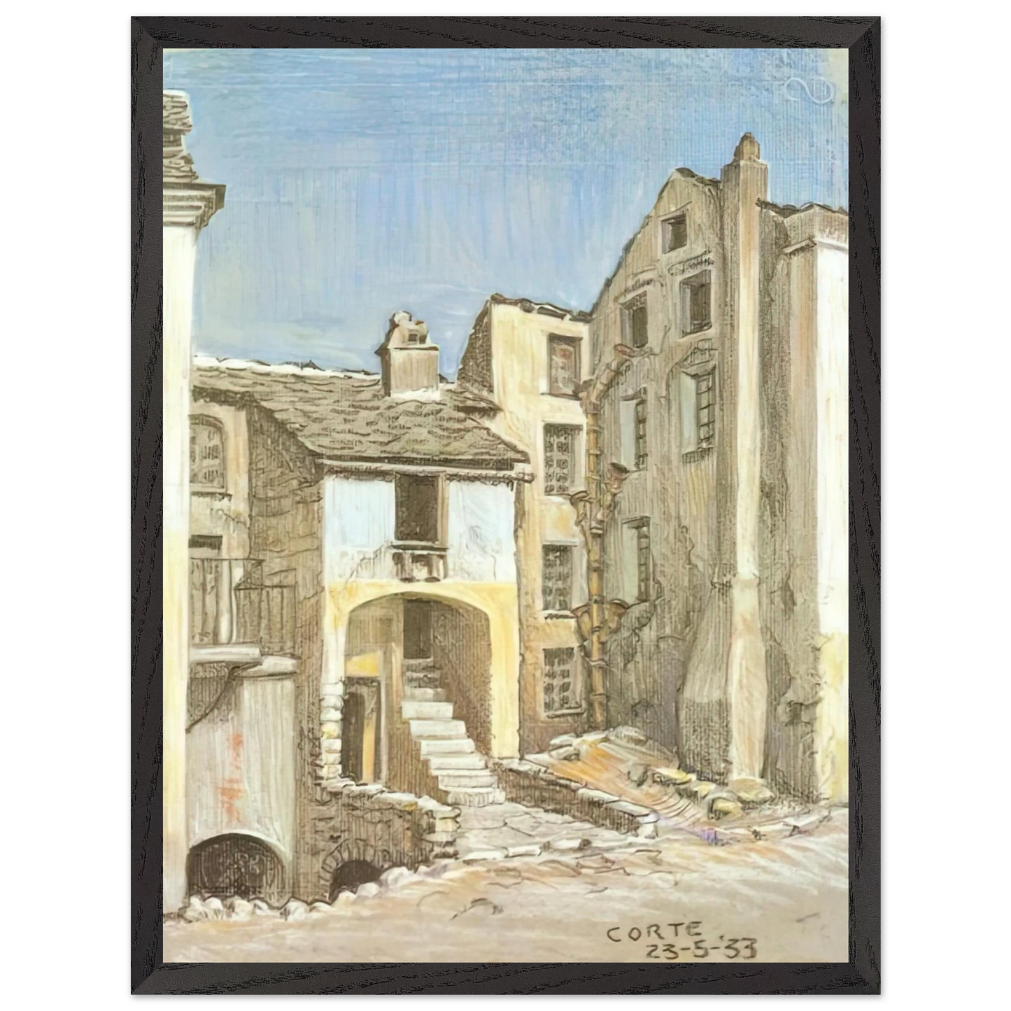 MC Escher - CORTE CORSICA Wall Art - 21x29.7 cm / 8x12" - Premium Wooden Framed Poster With Fine Art Paper - Black frame