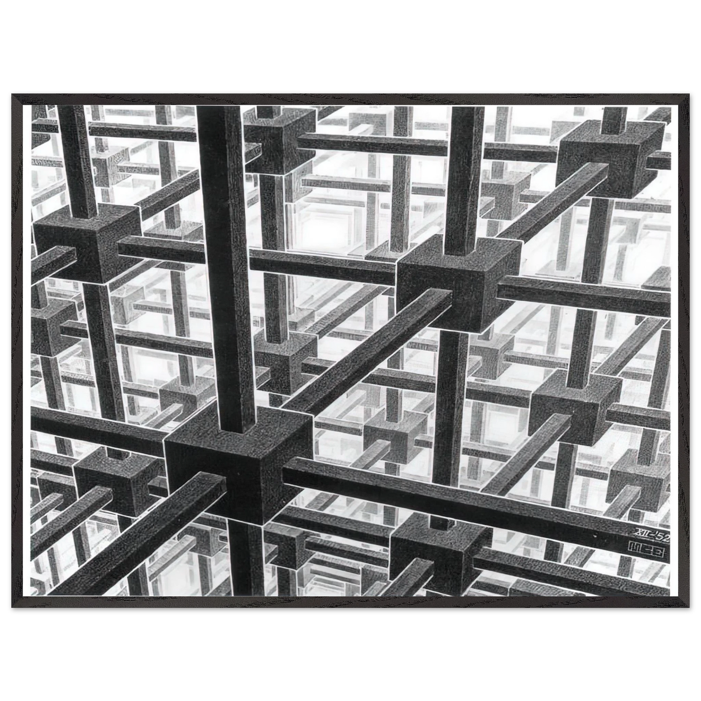 MC Escher - CUBIC SPACE DIVISION Wall Art - 21x29.7 cm / 8x12" - Premium Wooden Framed Poster With Fine Art Paper - Wood frame