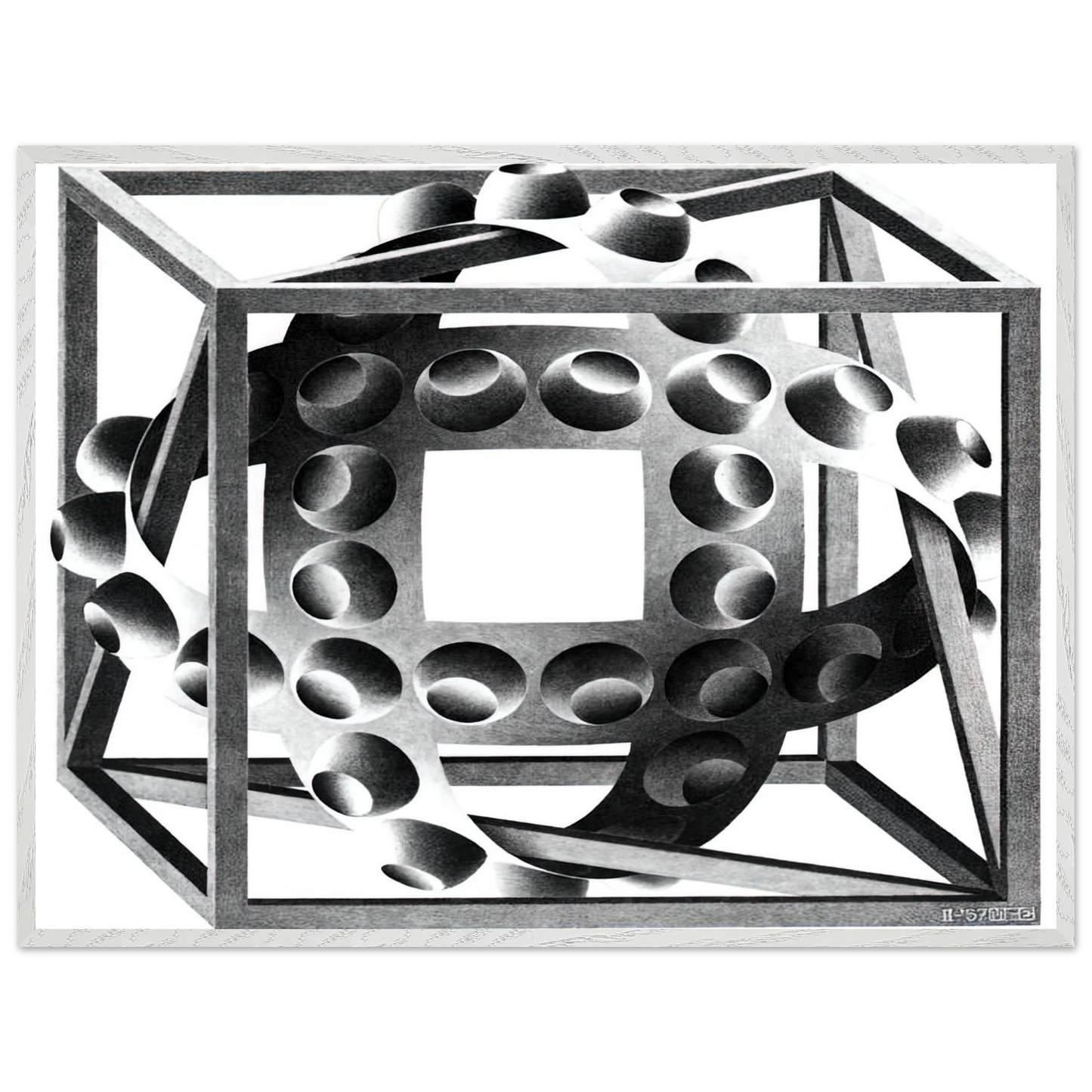 MC Escher - CUBE WITH MAGIC RIBBONS Wall Art - 21x29.7 cm / 8x12" - Premium Wooden Framed Poster With Fine Art Paper - White frame