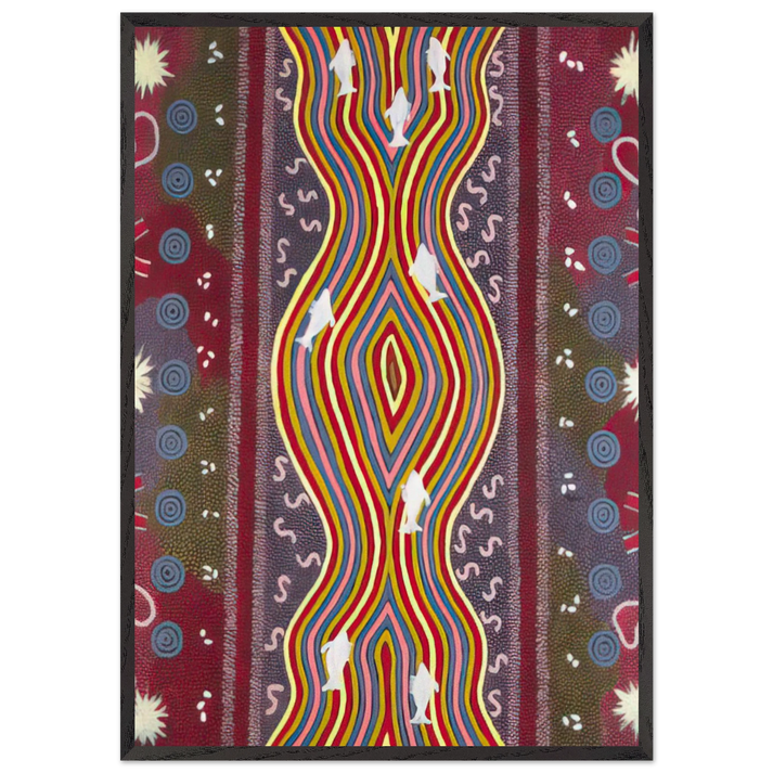 Fish and Honey Dreaming - Native Art - Clifford Possum Tjapaltjarri 70x100 cm / 28x40 inches Framed Art Print – Black Wooden Frame