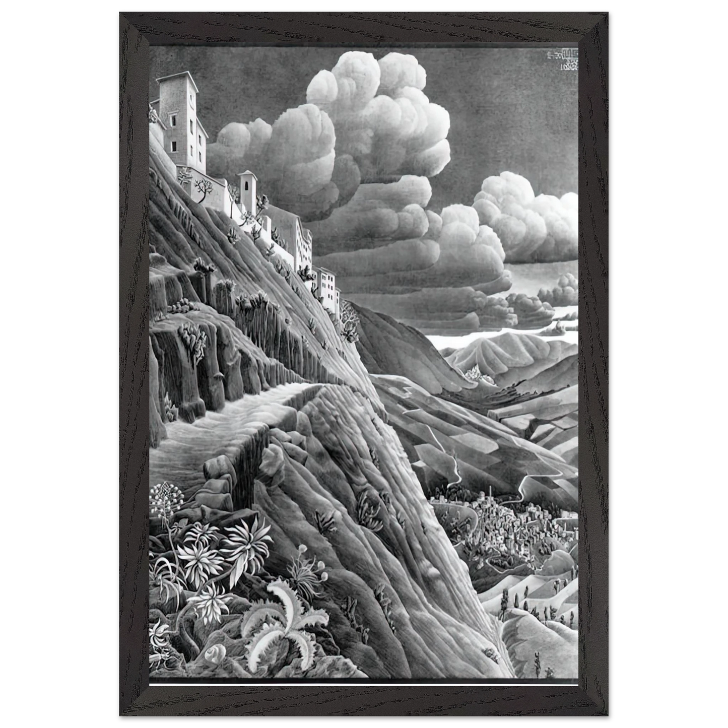 MC Escher - CASTROVALVA Wall Art - 30x40 cm / 12x16 inches - Premium Wooden Framed Poster With Fine Art Paper - Wood frame