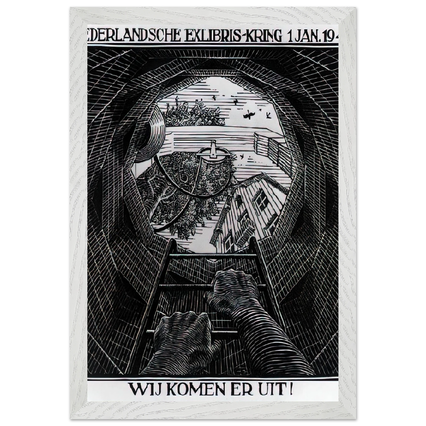 MC Escher - NEW YEAR S GREETING CARD Wall Art - 30x40 cm / 12x16 inches - Premium Wooden Framed Poster With Fine Art Paper - White frame