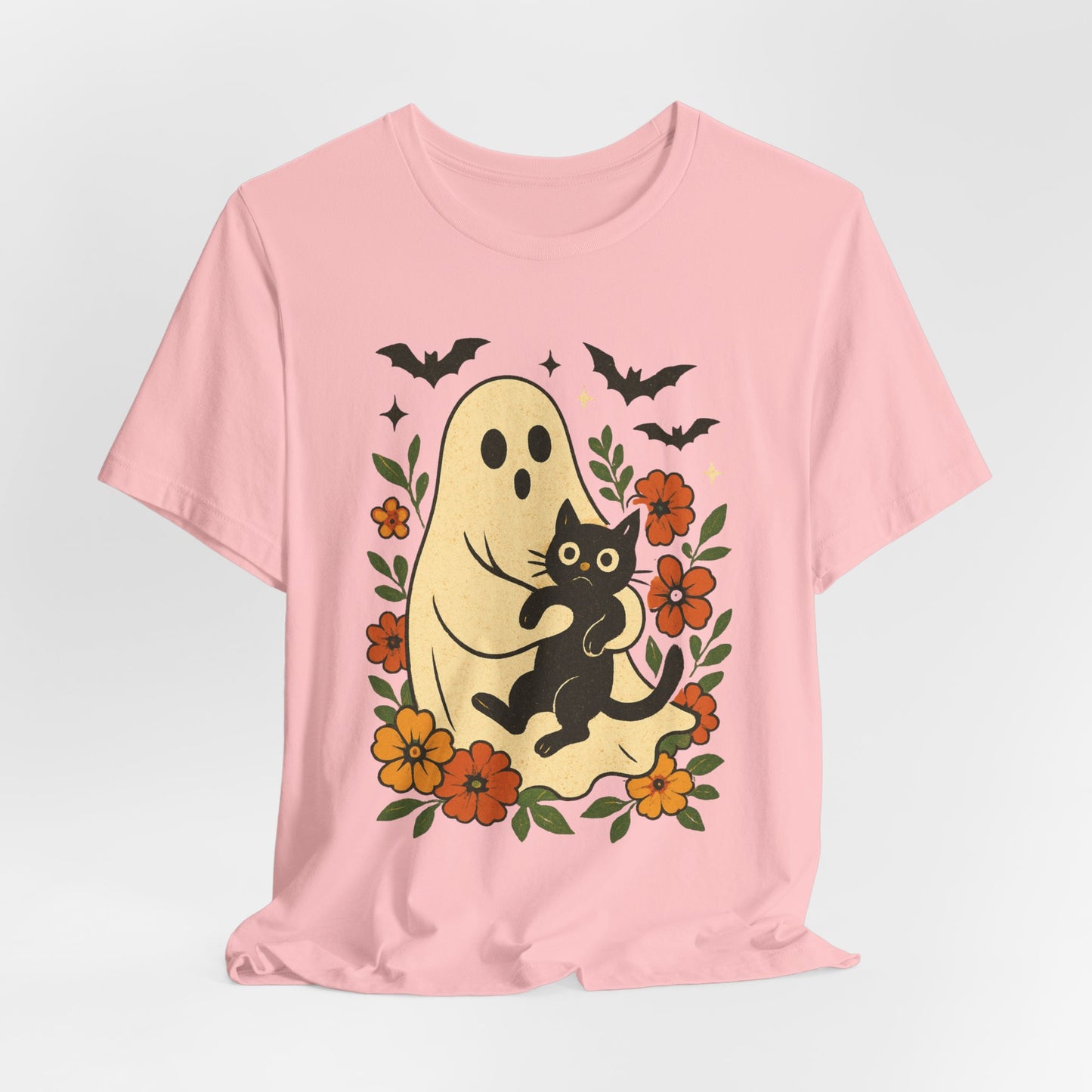 Fantasma Spettrale che tiene un Gatto Nero Fiori Groovy Halloween