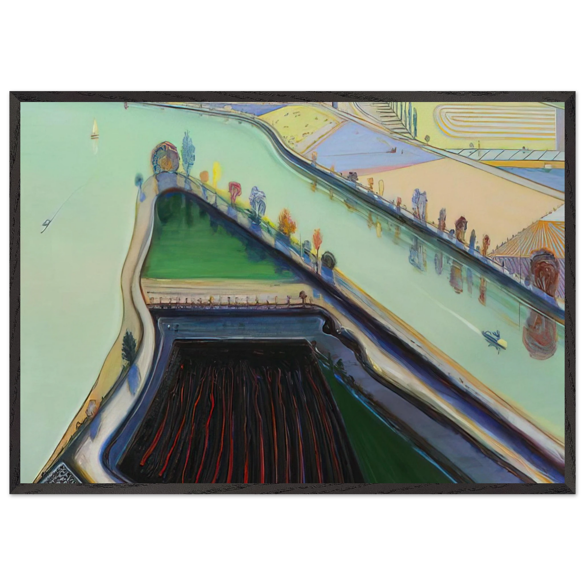 River Boats - 2001 - Wayne Thiebaud Framed Art Print – Black Wooden Frame - Default Title - -Framed Art Print