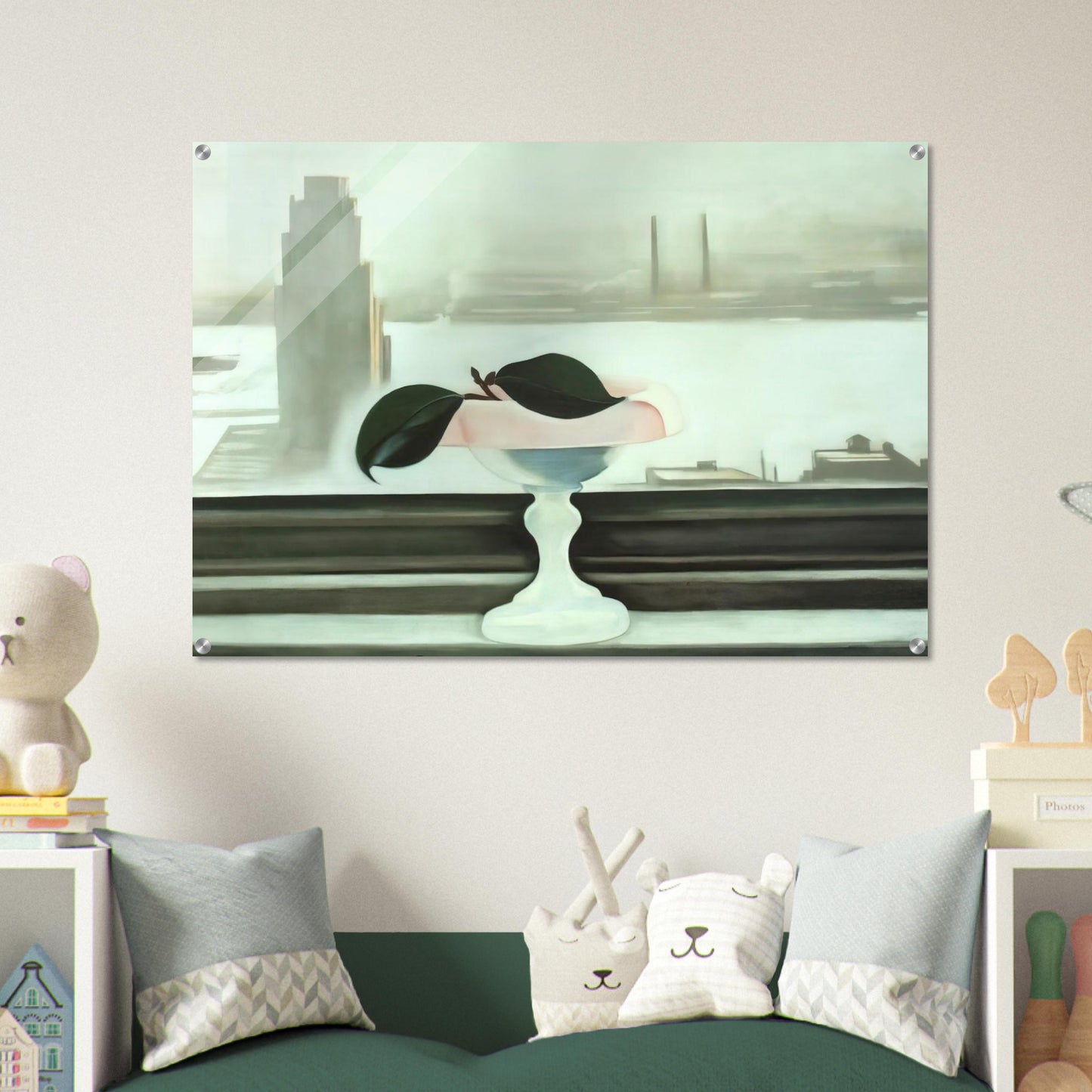 Pink Dish and Green Leaves - Georgia O'Keeffe Acrylic Print - 70x100 cm / 28x40″ inches | Georgia O'Keeffe Wall Art | Georgia O'Keeffe Prints
