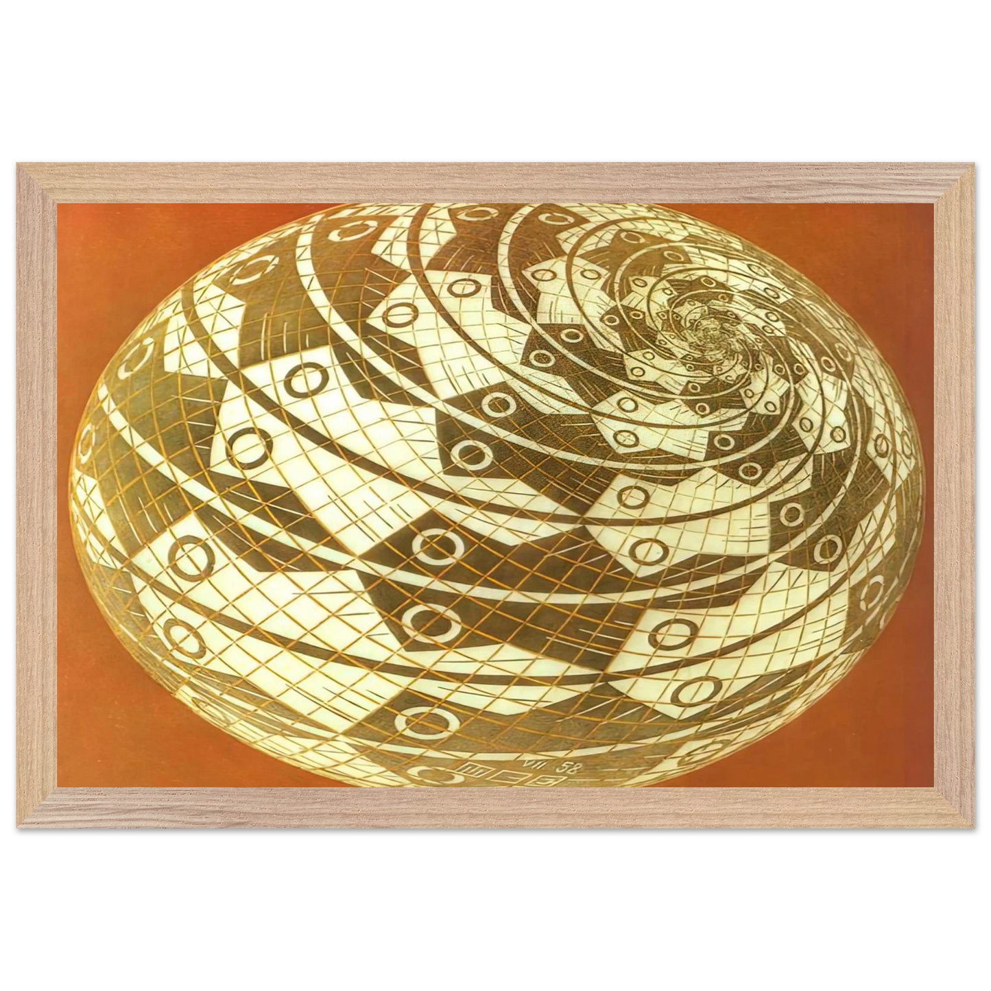 MC Escher - SPHERE SURFACE WITH FISHES COLOUR Wall Art - 21x29.7 cm / 8x12" - Premium Wooden Framed Poster With Fine Art Paper - White frame