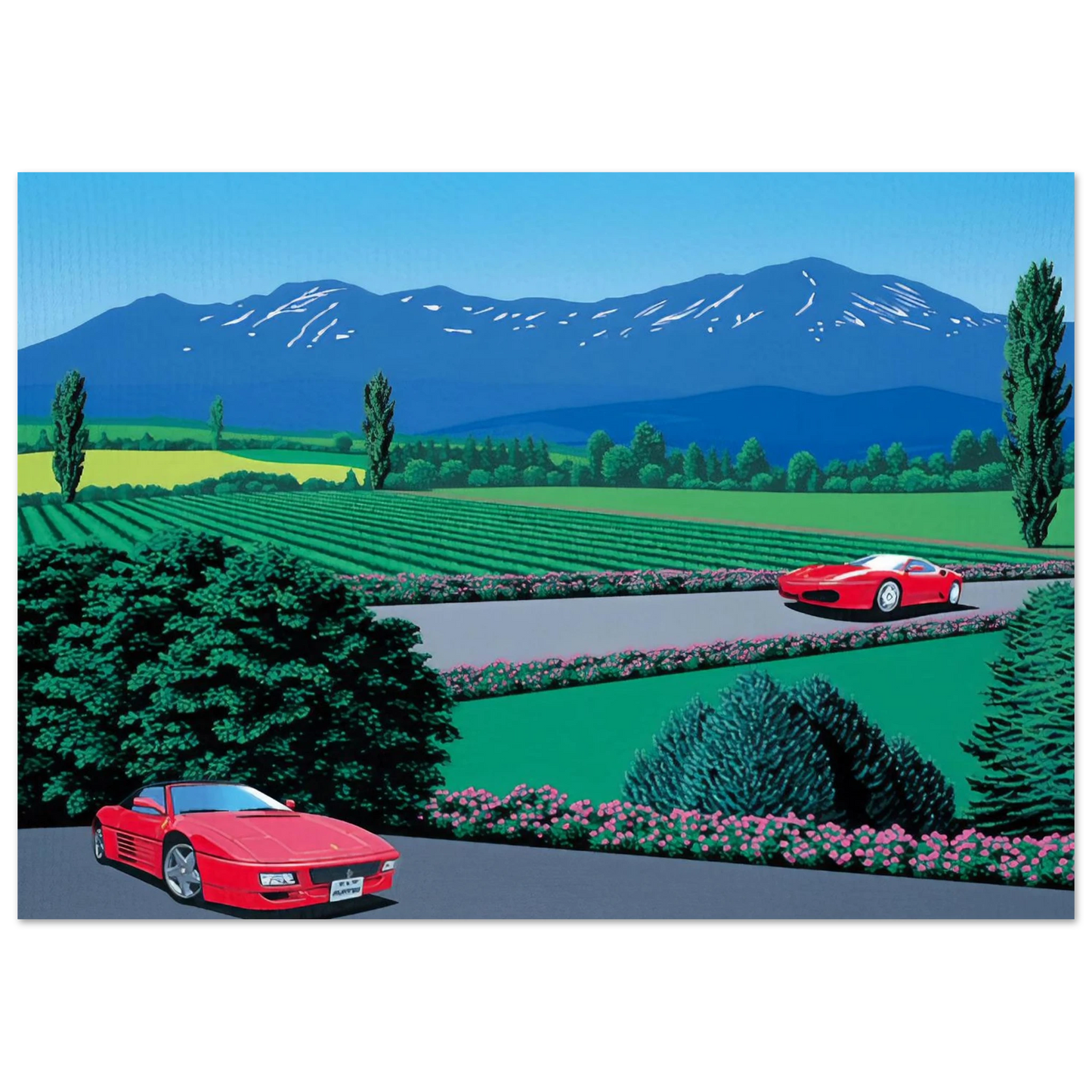 Hiroshi Nagai - Ferraris traversing the lands Wall Art - 30x40 cm / 12x16 inches - Premium Wooden Framed Poster With Fine Art Paper - White frame