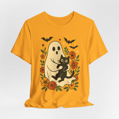 Fantasma Spettrale che tiene un Gatto Nero Fiori Groovy Halloween