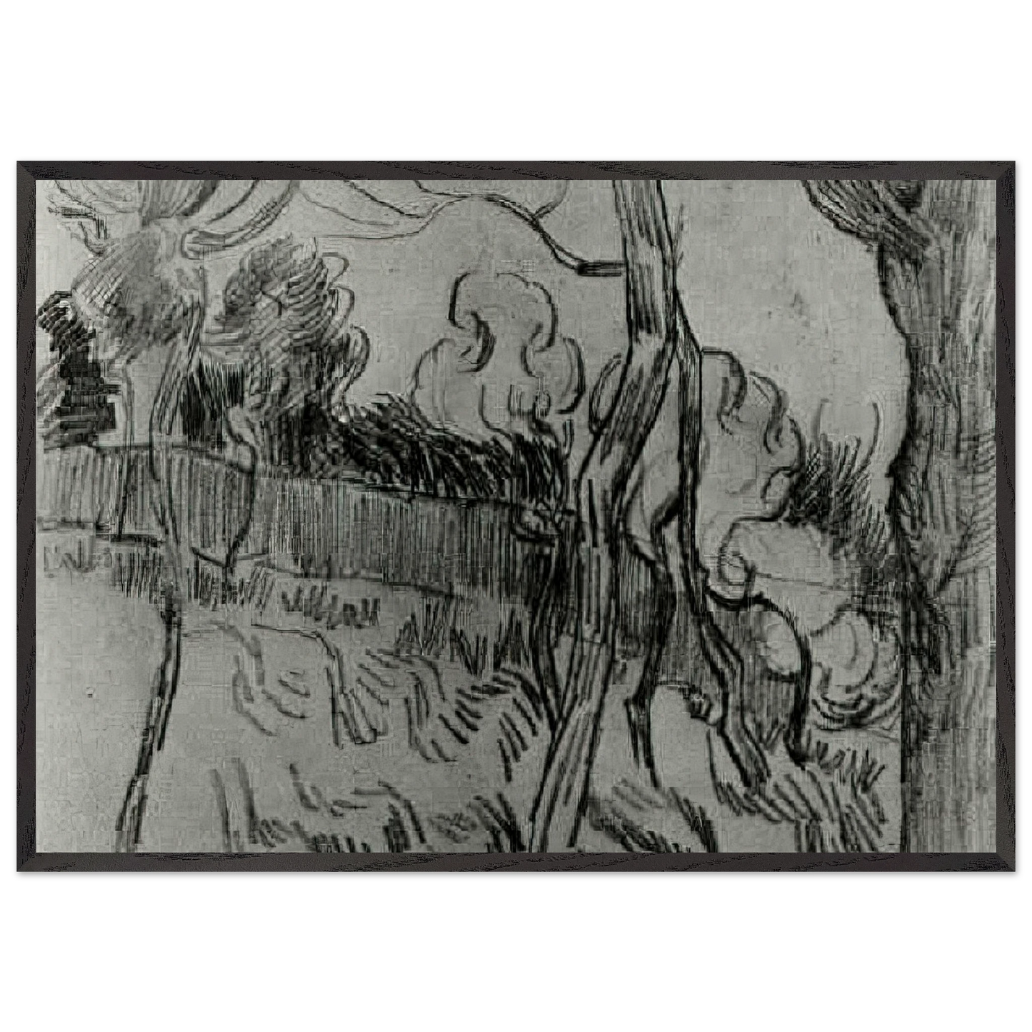 Pine Trees Seen against the Wall of the Asylum - Vincent van Gogh Framed Art Print – Black Wooden Frame - Default Title - -Framed Art Print