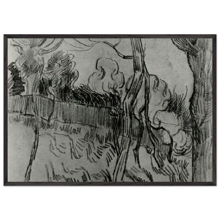 Pine Trees Seen against the Wall of the Asylum - Vincent van Gogh 70x100 cm / 28x40 inches Framed Art Print – Black Wooden Frame