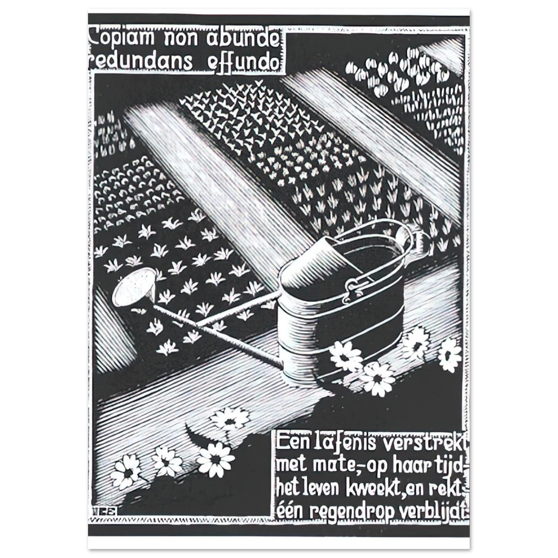 MC Escher - WATERINGCAN Wall Art - 21x29.7 cm / 8x12" - Premium Wooden Framed Poster With Fine Art Paper - White frame