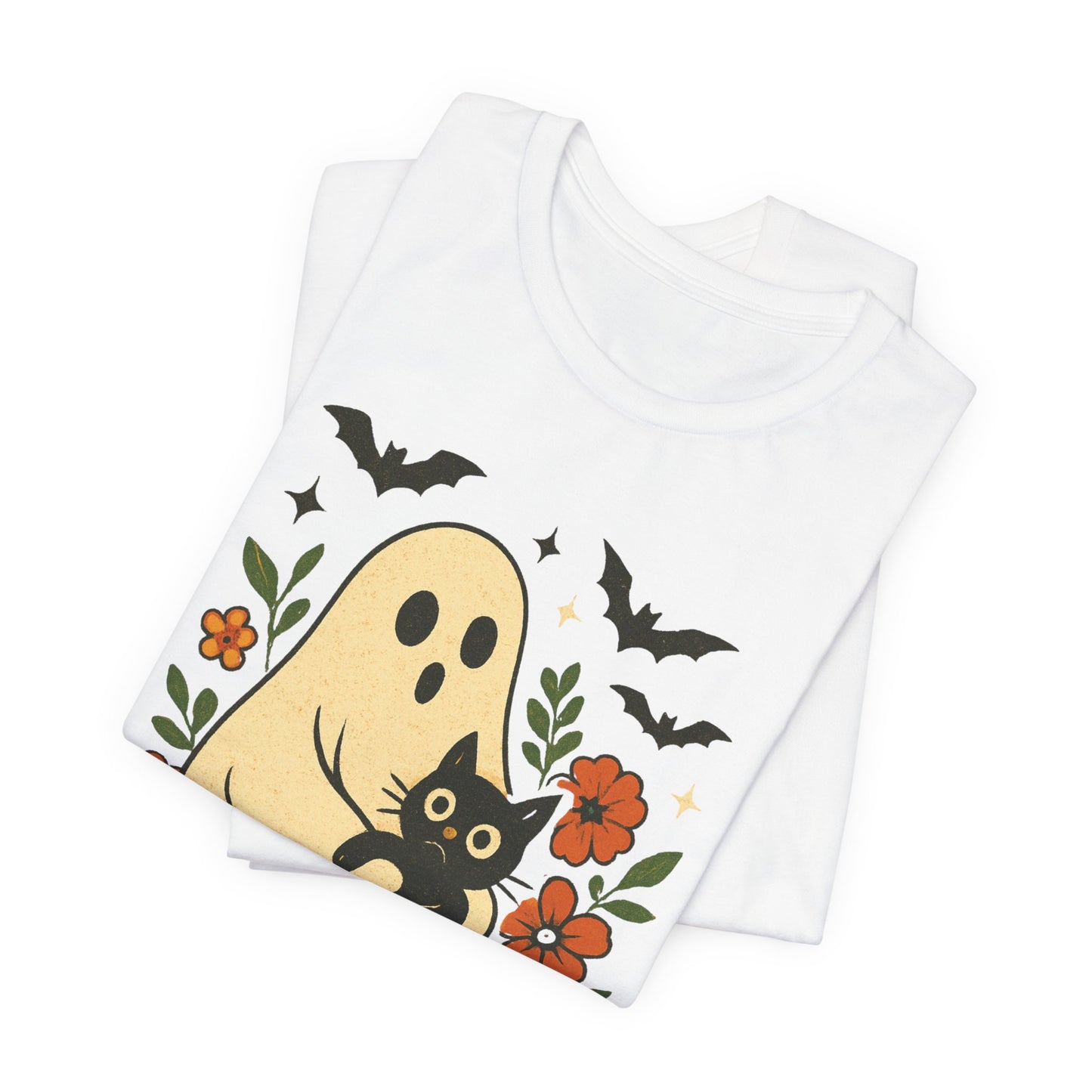 Fantasma Spettrale che tiene un Gatto Nero Fiori Groovy Halloween