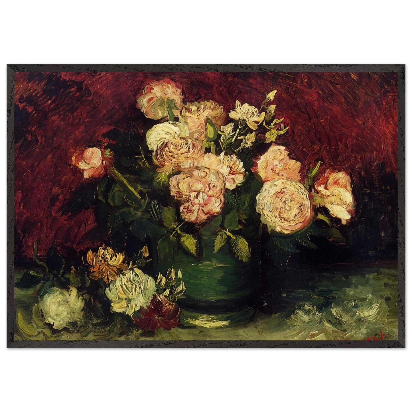 Bowl with Peonies and Roses - Vincent van Gogh Framed Art Print – Black Wooden Frame - Default Title - -Framed Art Print