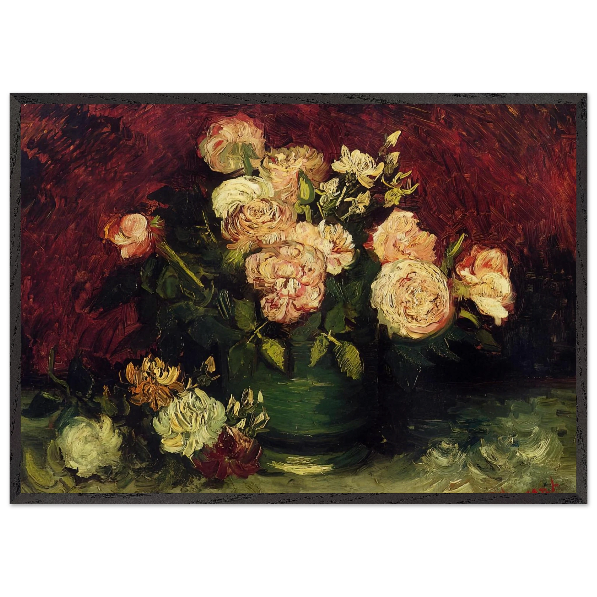 Bowl with Peonies and Roses - Vincent van Gogh Framed Art Print – Black Wooden Frame - Default Title - -Framed Art Print