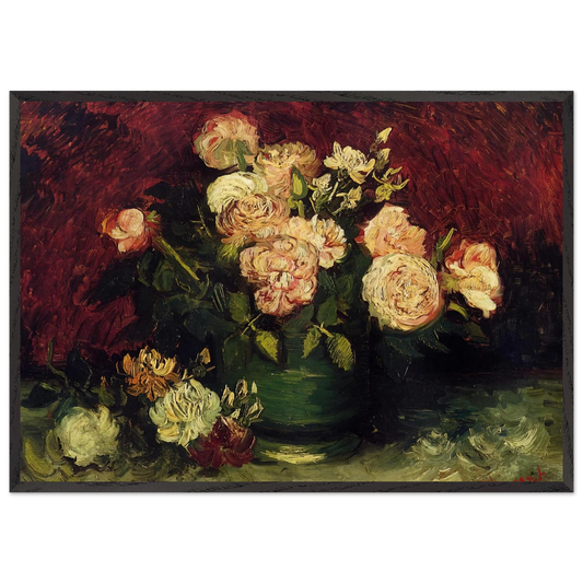Bowl with Peonies and Roses - Vincent van Gogh 70x100 cm / 28x40 inches Framed Art Print – Black Wooden Frame