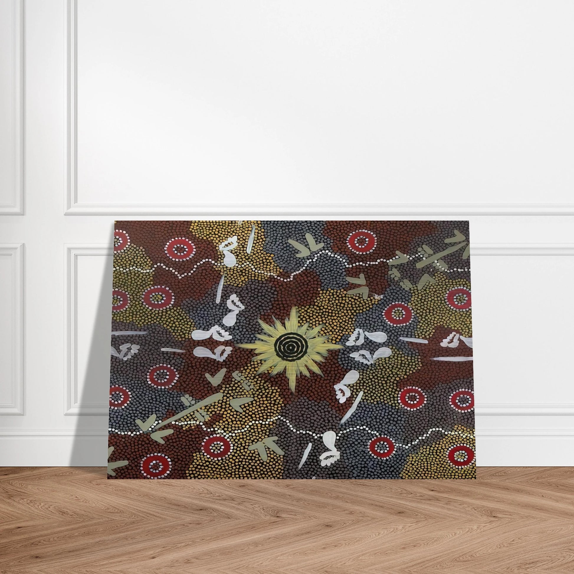 Frog and Kangaroo Dreaming - Native Art - Clifford Possum Tjapaltjarri Brushed Aluminum Print - 70x100 cm / 28x40 inches | Clifford Possum Tjapaltjarri Aluminum Print | Clifford Possum Tjapaltjarri Prints